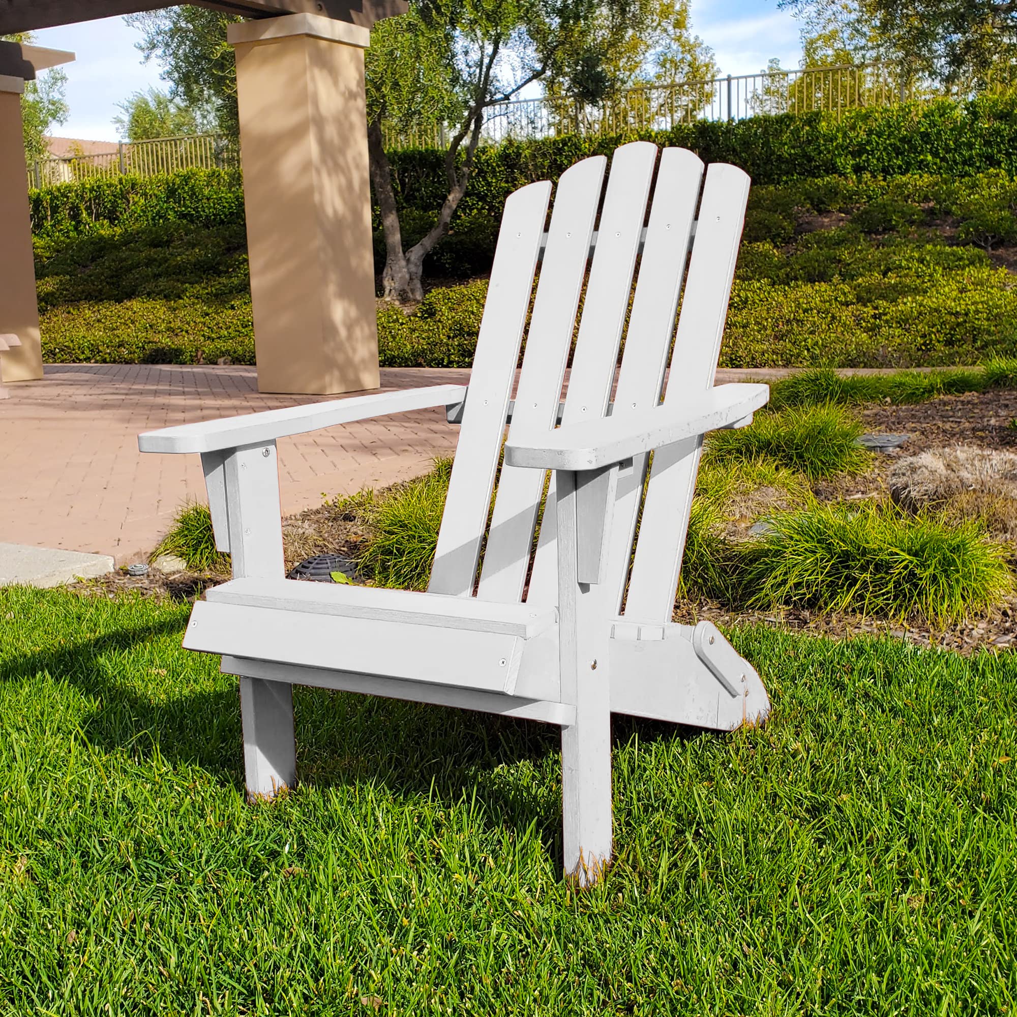 Folding Adirondack Chair - Weather Resistant & Sturdy Outdoor Patio Furniture - Easy to Assemble Plastic Garden Chair Supports 300 lbs - Perfect for Porch, Backyard, Fire Pit & Poolside Relaxation (White)