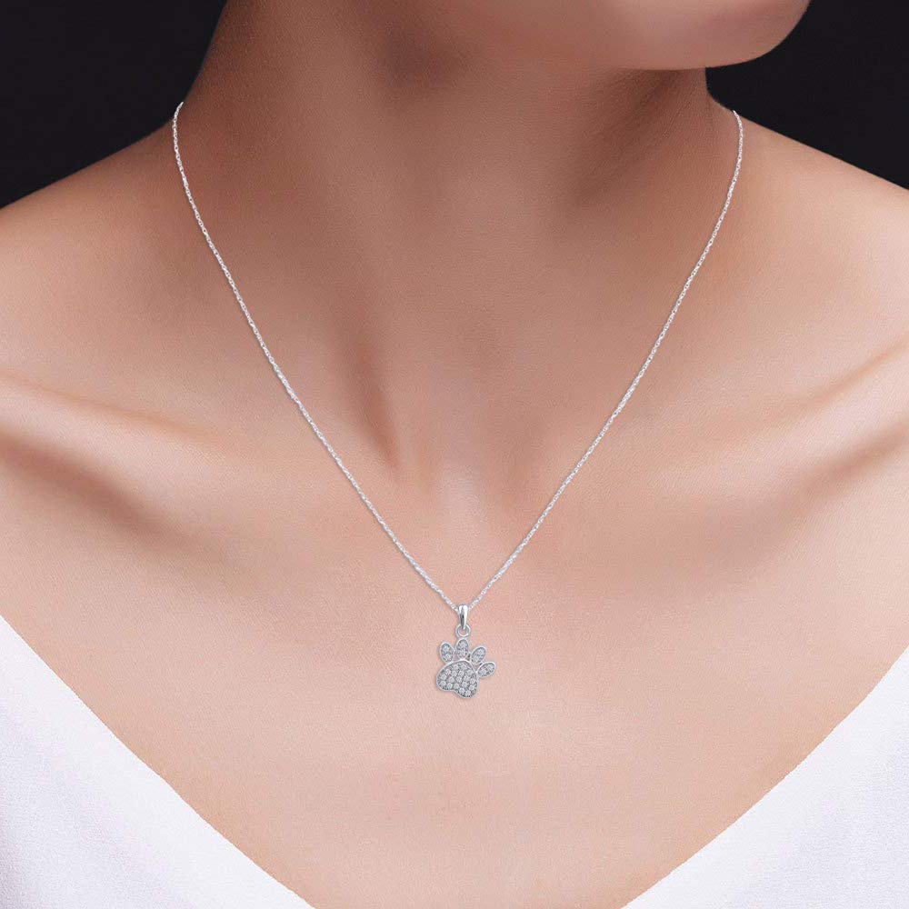 14K Gold Over Sterling Silver White Natural Diamond Dog Paw Charm Pendant Necklace (0.1 Ct) - Perfect Gift for Pet Lovers, Birthday & Anniversary Jewelry