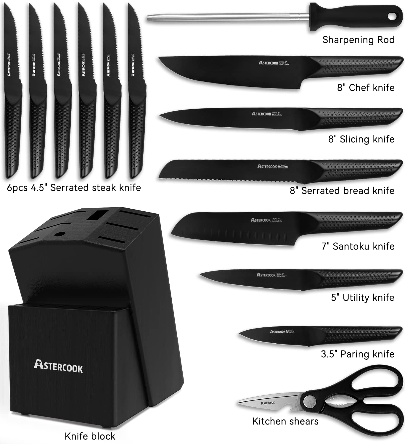 15-Piece German Stainless Steel Chef Knife Set with Wooden Block - Professional Kitchen Knives for Cooking, Slicing & Dicing - Dishwasher Safe, Elegant Black - Perfect for Home Chefs & Culinary Enthusiasts