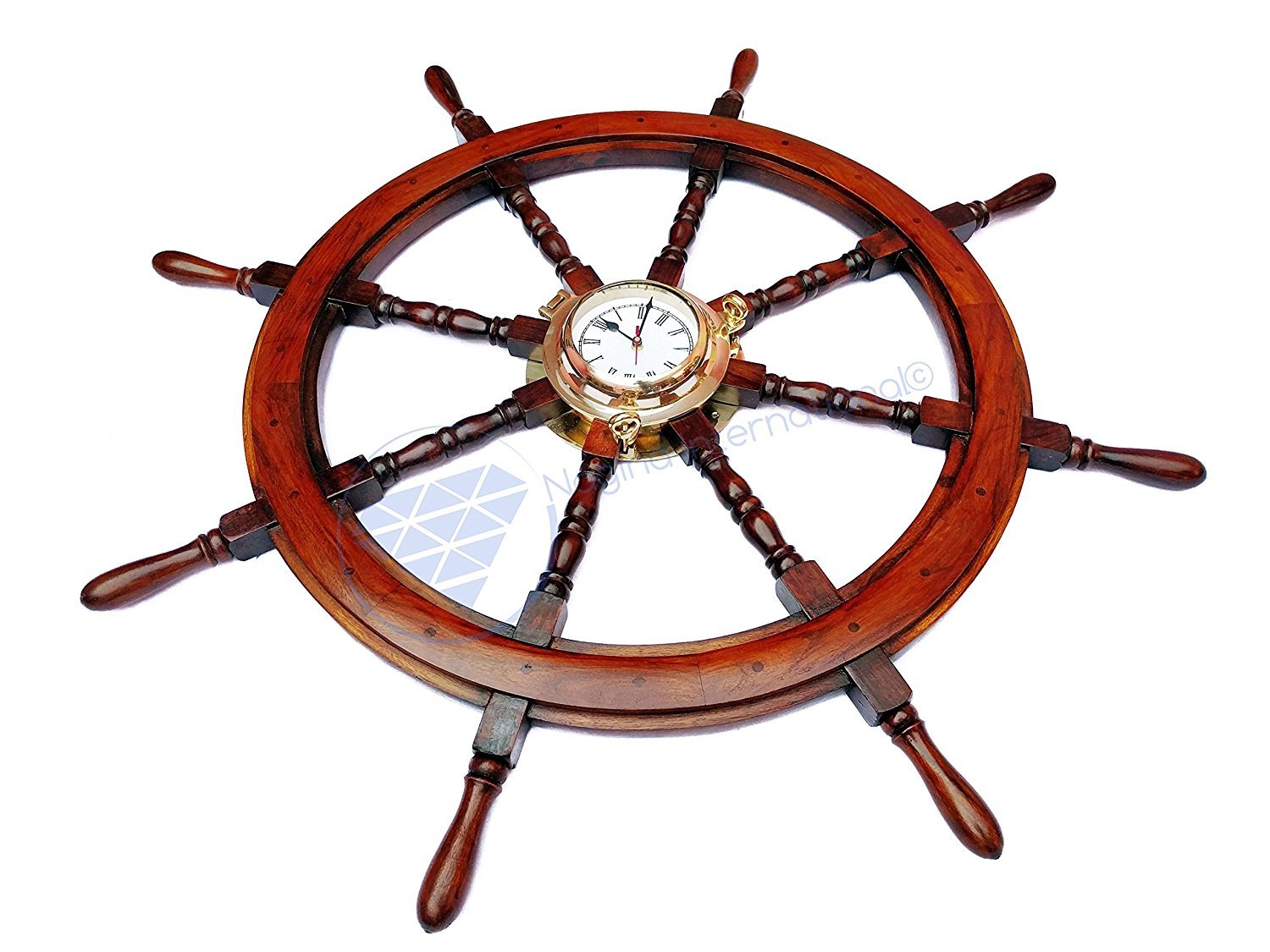 Nagina International 16 Inch Polystone Wood Porthole Clock with Ship Wheel - Nautical Brass Wall Decor for Home & Office - Perfect for Coastal, Beach House, and Marine Theme Decoration