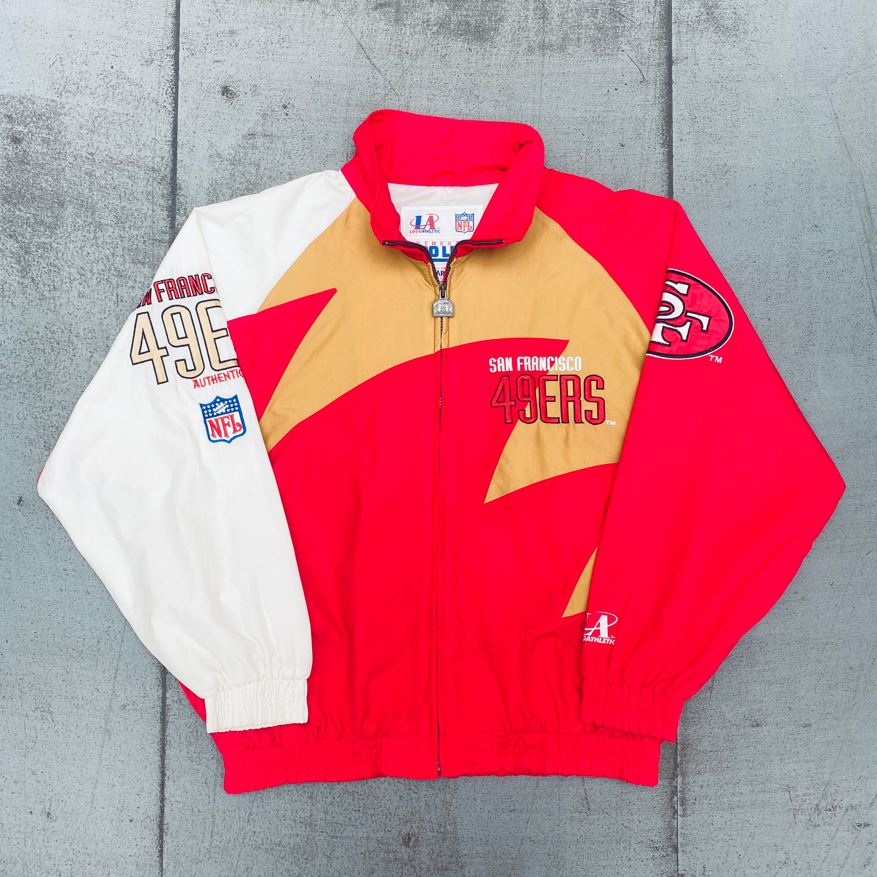 1990s San Francisco 49ers Logo Shark Tooth Proline Full-Zip Lightweight Jacket (Large/XL) - Perfect for Football Games, Tailgating & Casual Wear
