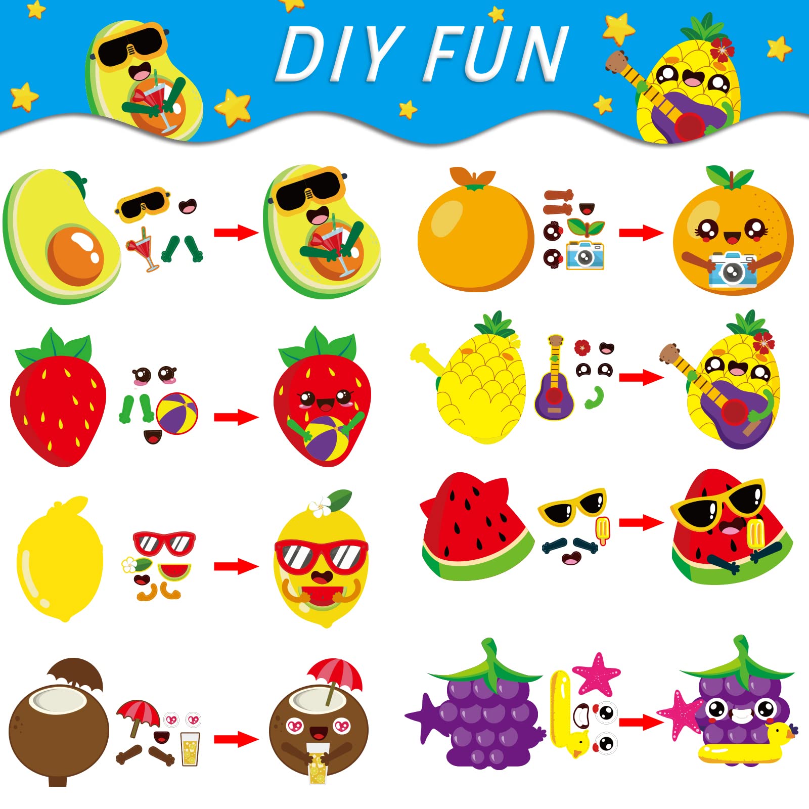 Chiazllta 32 Pack Kids Summer Fruit Craft Kit - DIY Hawaiian Fruit Sticker Art Set for Early Education, Home & Classroom Activities | Perfect for Summer Parties, Birthday Favors & Creative Play