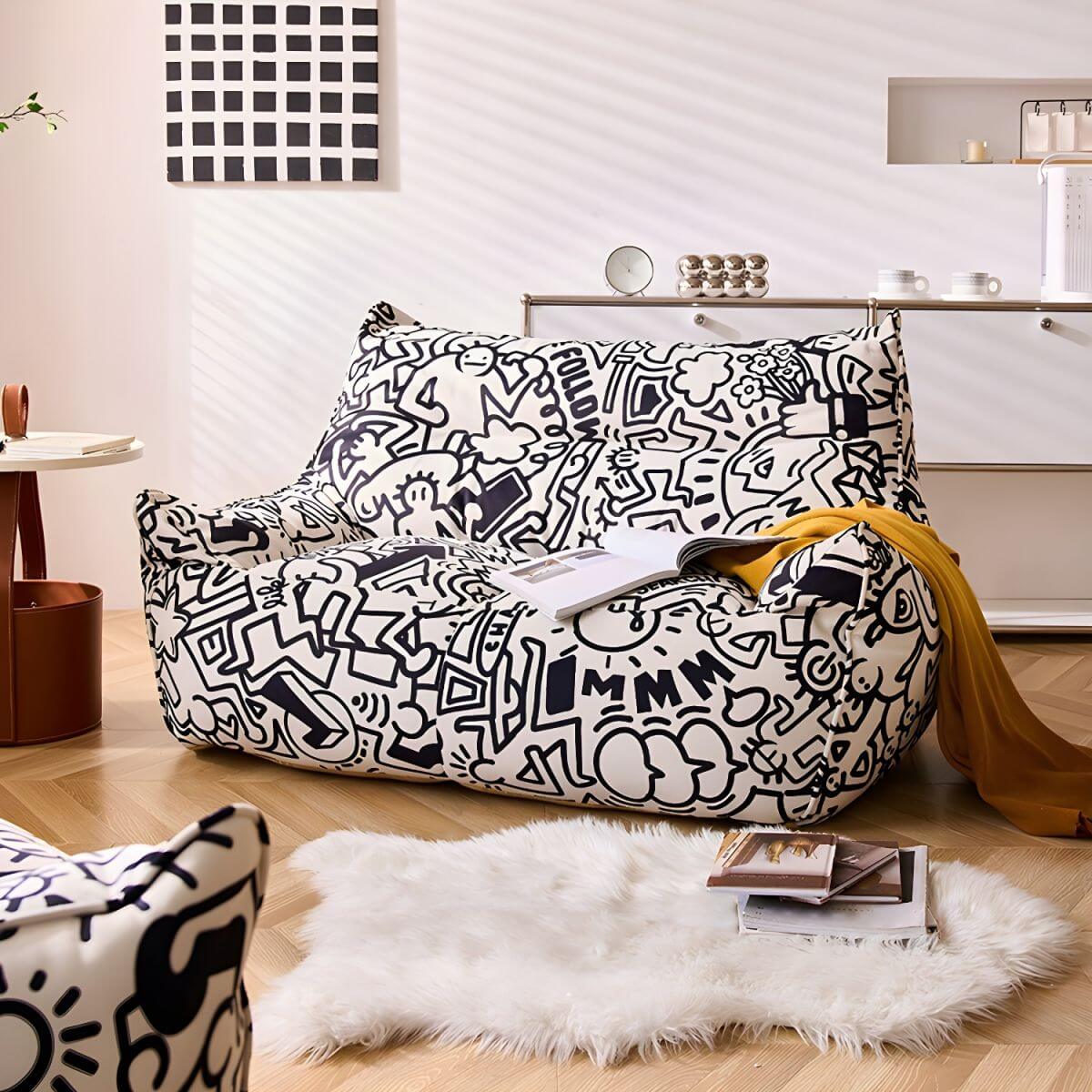 Large Flannel Cartoon Themed Bean Bag Chair with Removable Machine Washable Cover & Zipper Closure - White | Perfect for Kids' Rooms, Game Rooms & Cozy Reading Nooks