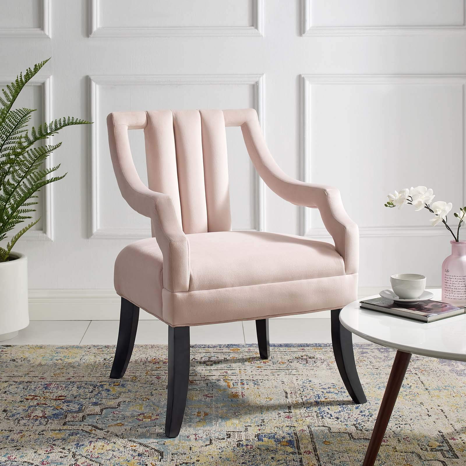 Modway Harken Channel Tufted Performance Velvet Accent Chair - Pink Velvet Upholstered Living Room Armchair with Button Tufting for Bedroom, Lounge & Home Decor