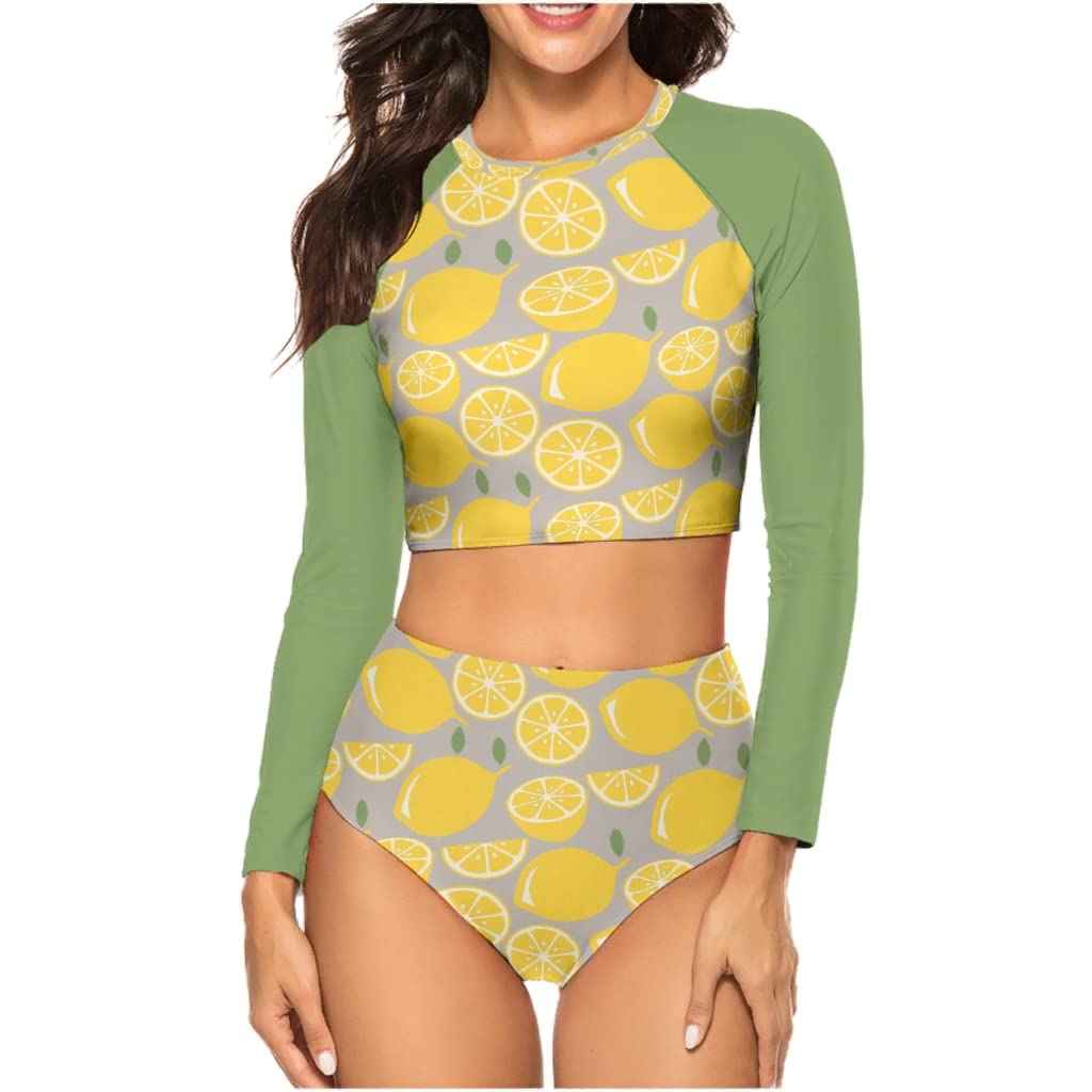 Lemon Tankini Swimwear Set - Halter Neck Rash Guard Long Sleeve High Waist Bikini - Perfect for Beach, Pool, and Water Sports