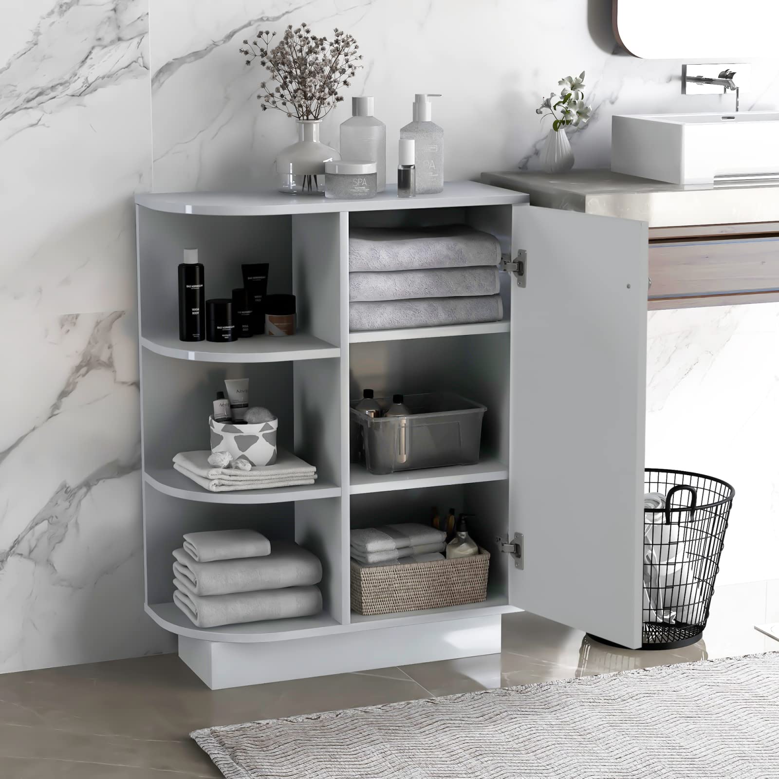 Modern Wood Storage Cabinet with Adjustable Shelves & Arc Edge Design - Freestanding Bathroom/Living Room/Kitchen Organizer, Accent Sideboard with Doors (Grey) - Perfect for Bathroom Essentials, Living Room Decor & Kitchen Storage Solutions
