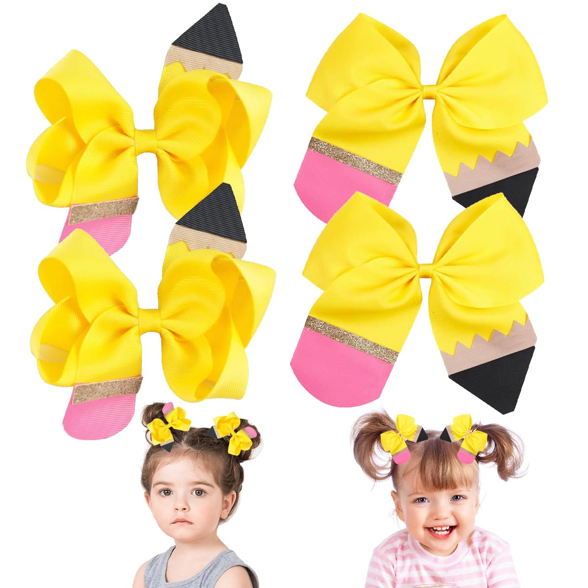 4 Pcs Yellow Grosgrain Ribbon Hair Bows Clips for Girls - School, Kindergarten & Toddler Hair Accessories - Perfect for Daily Wear, Parties & Special Occasions