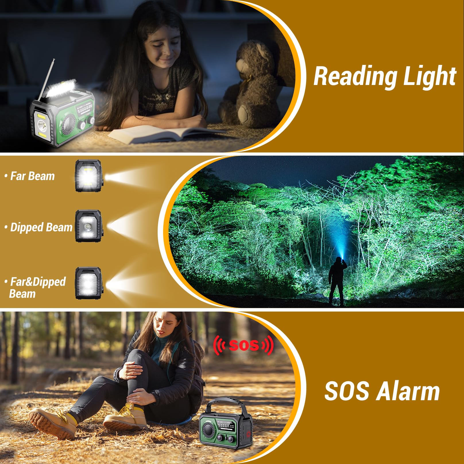Solar Emergency Radio with Hand Crank & 16000mAh Power Bank - NOAA Weather Alert AM/FM Portable Radio, LED Flashlight, Reading Lamp, SOS Alarm, Headphone Jack for Outdoor Camping, Hiking & Survival (Dark Green)