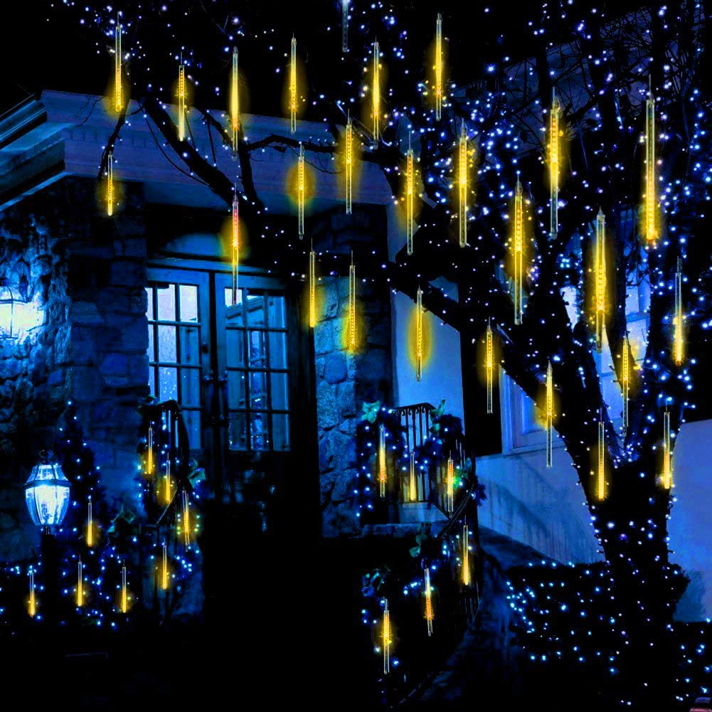 Solar Powered Outdoor Christmas Lights - Waterproof 8 Tubes 288 LED Meteor Shower Raindrop String Lights (Warm White) for Xmas Tree, Garden, Party & Holiday Decorations - Perfect for Patio, Yard, and Seasonal Celebrations