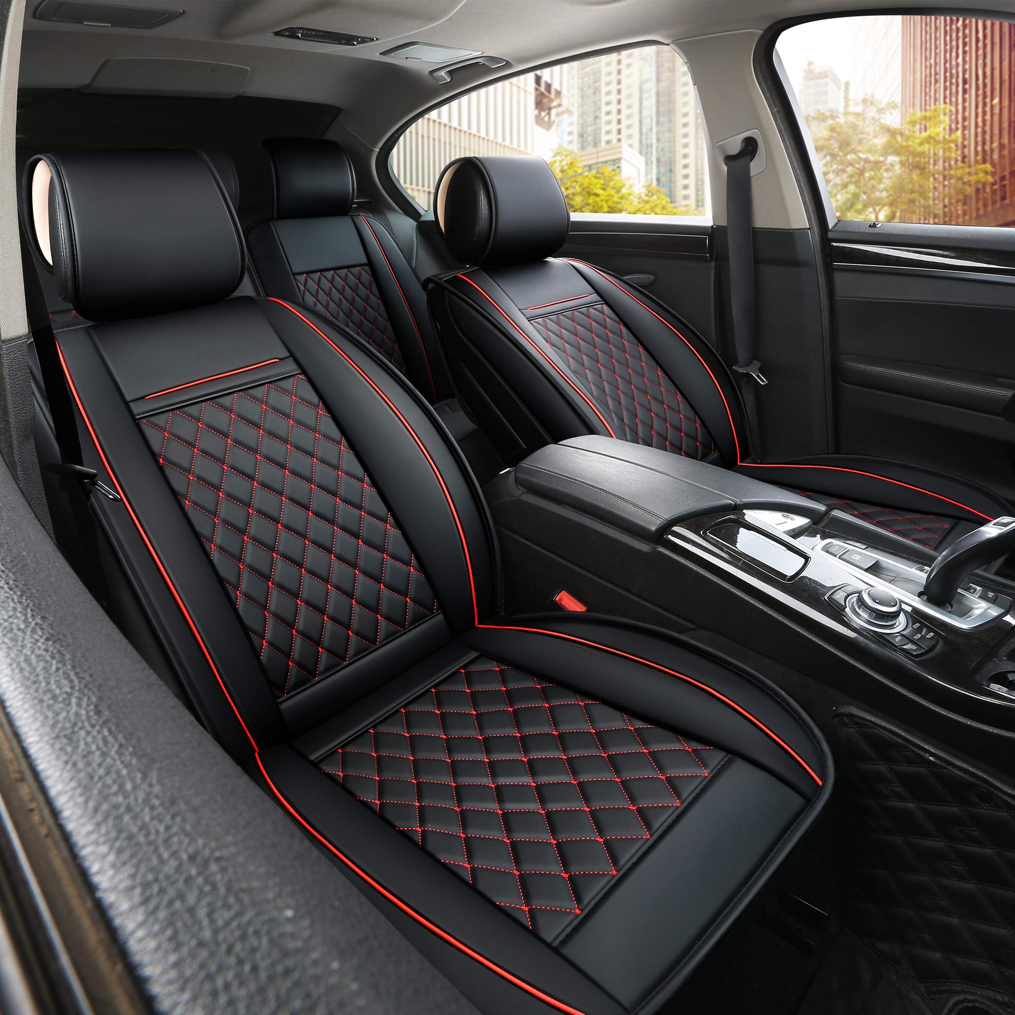 Easy to Clean Synthetic Leather Car Seat Cushions - Universal Fit Car Seat Cover for Toyota Corolla, Chevy Cruze, Subaru Legacy, Chevy Malibu, Nissan Maxima, Toyota Tacoma (Black with Red Stitching, Full Set) | Waterproof & Comfortable for Daily Commute, Road Trips & Long Drives