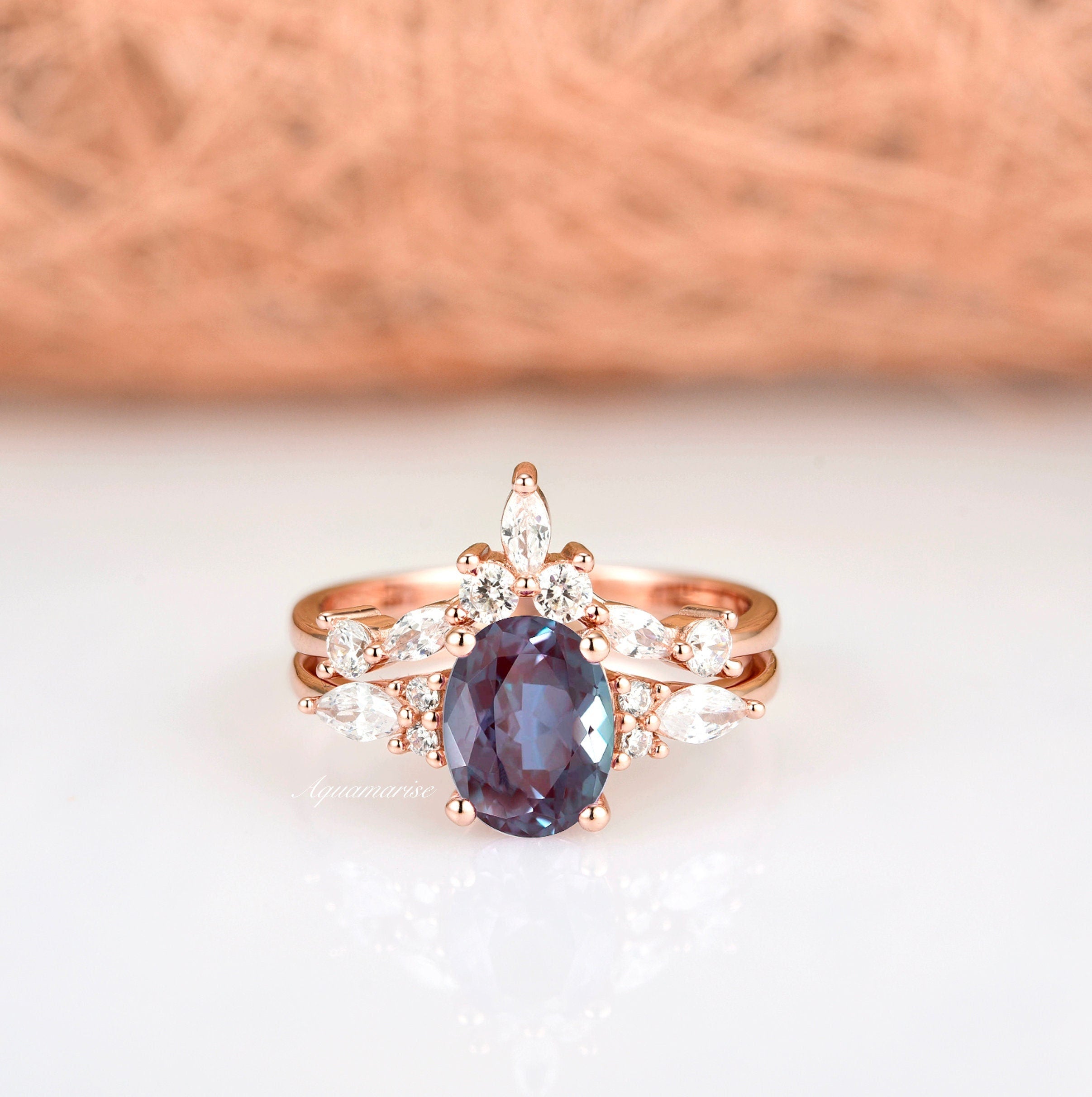 Evelyn Alexandrite Ring Set - 14K Rose Gold Vermeil Jewelry for Women | Perfect for Engagement, Anniversary & Special Occasion Gifts