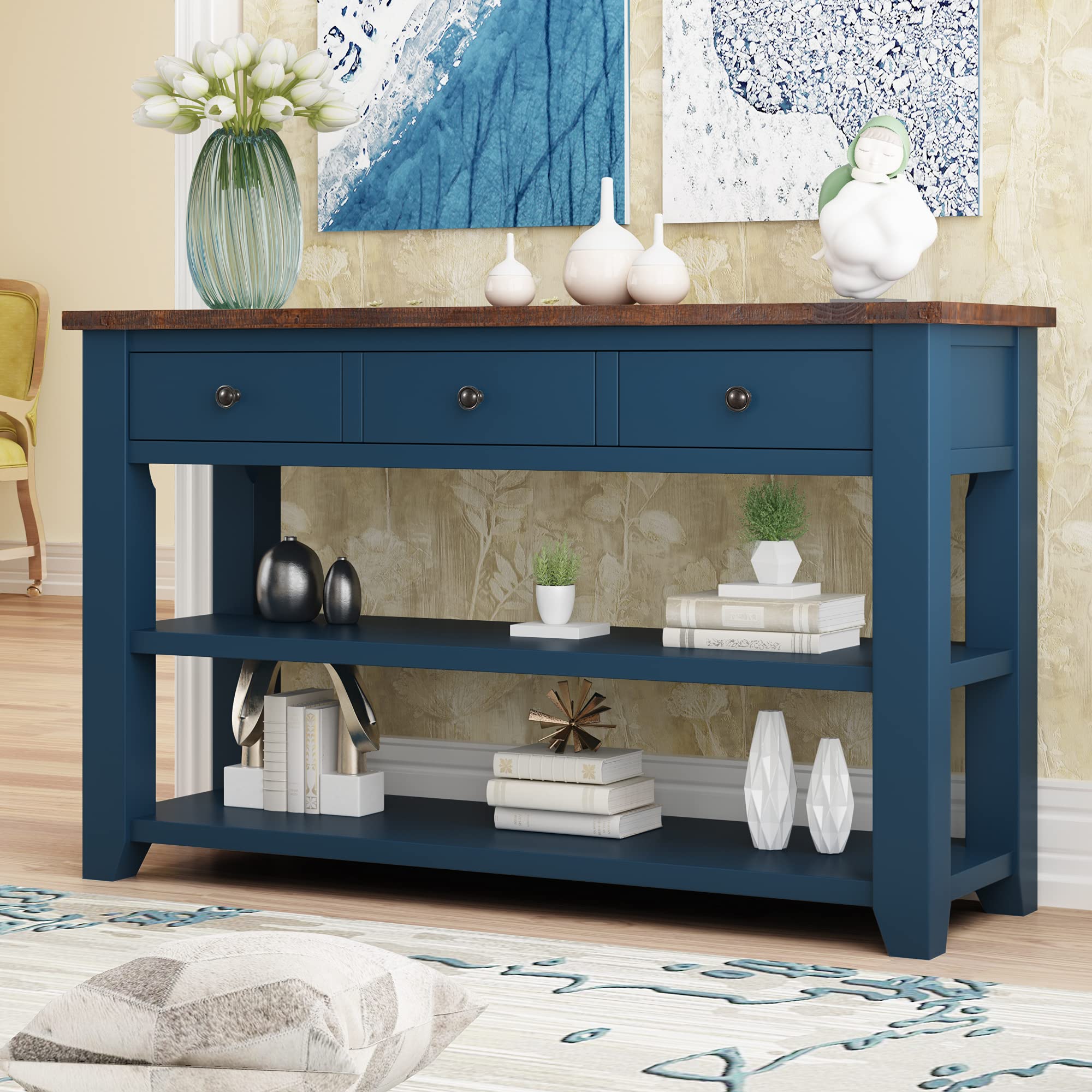Modern Solid Wood Console Table with 3 Drawers & 2 Shelves - 48