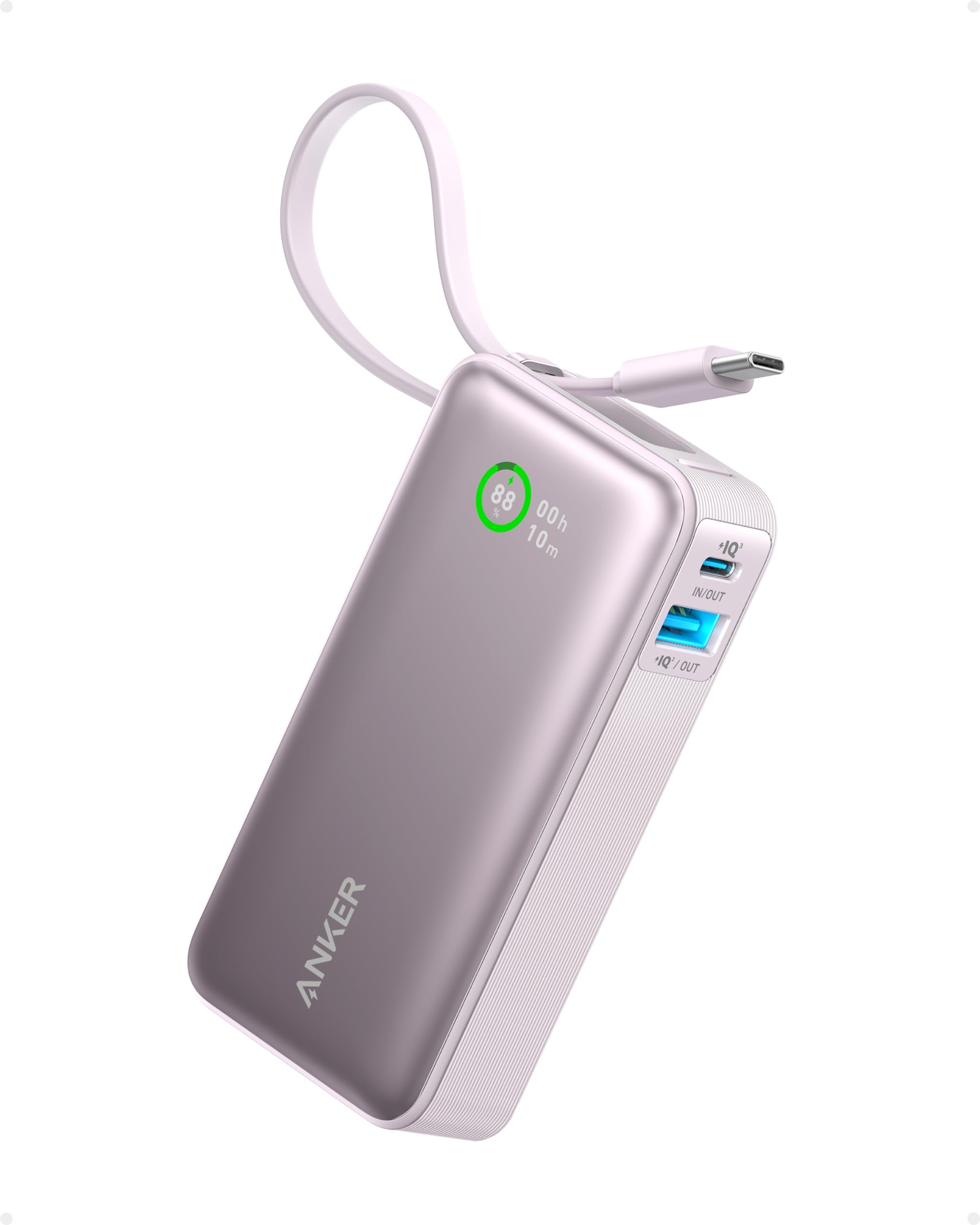 Anker Nano 10,000mAh Portable Charger with Built-in USB-C Cable - 30W Fast Charging Power Bank for iPhone 16/15, MacBook, Galaxy S24/S23, AirPods - Perfect for Travel, Work & Outdoor Adventures