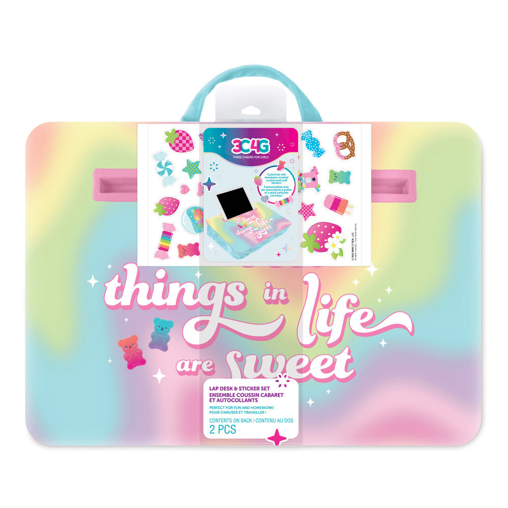 3C4G Life Is Sweet Portable Pillow Lap Desk with Sticker Set for Kids - Lightweight Study & Play Tray for Bed, Sofa, Floor - Perfect for Homeschooling, Drawing, Snacking & Tablet Use