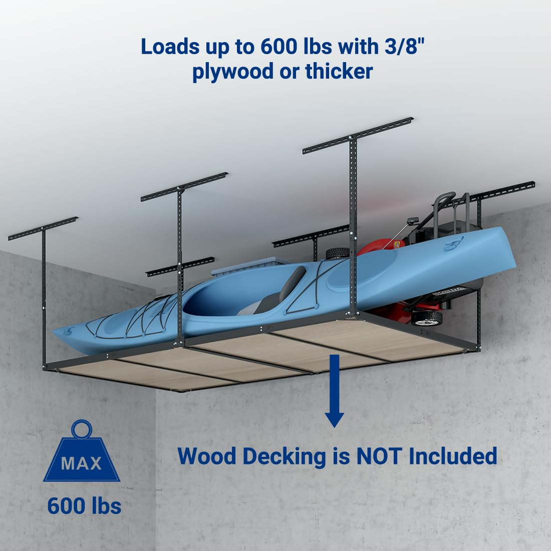 FLEXIMOUNTS 4x8 Overhead Garage Storage Rack - Heavy Duty Metal Ceiling Storage System Without Decking, 600lbs Capacity, Black - Perfect for Garage Organization, Attic Storage & Home Clutter Solutions