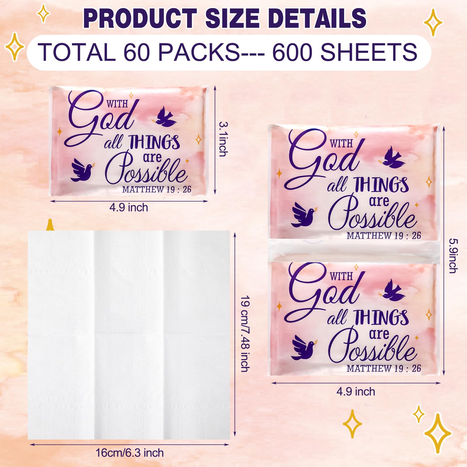 Sinmoe 60 Pack Pocket Tissues - Travel Size Facial Tissues 3 Ply, Mini Tissue Packs for Guests, Wedding, Christmas, Graduation Gifts - Perfect for Breast Cancer Awareness, Church Events & On-the-Go Use (Bird Design)
