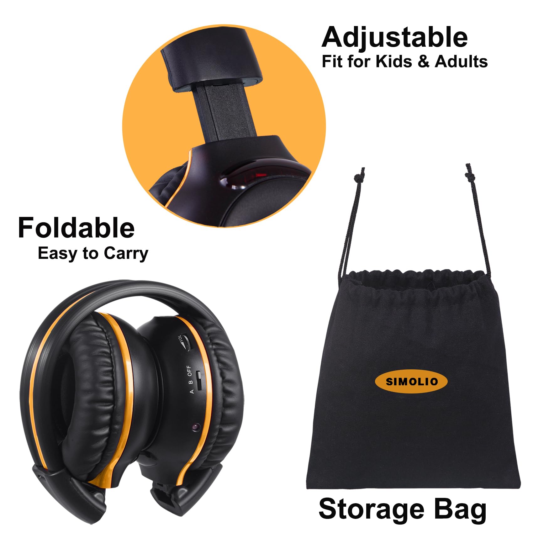 SIMOLIO 2 Pack Wireless IR Headphones with 2-Channel IR Transmitter - Compatible with TV, PC & Car DVD - Universal Kids & Rear Seat Passenger Headphones for Home Entertainment & Road Trips