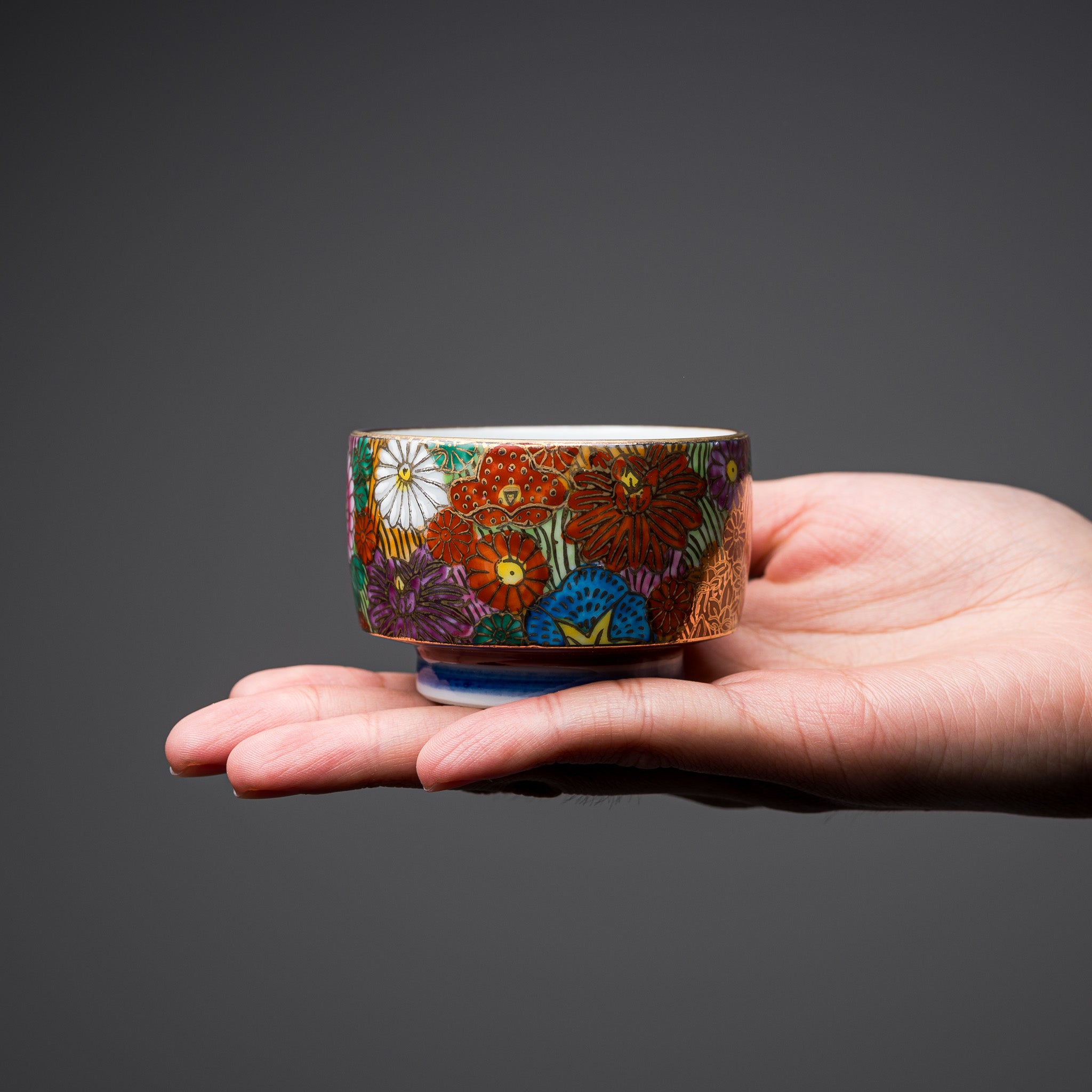 Premium Kutani Ware Single Sake Cup - Handcrafted Japanese Hanazume Floral Design Ceramic Cup for Sake, Wine or Tea | Perfect Gift for Japanese Culture Lovers & Home Bar Decor