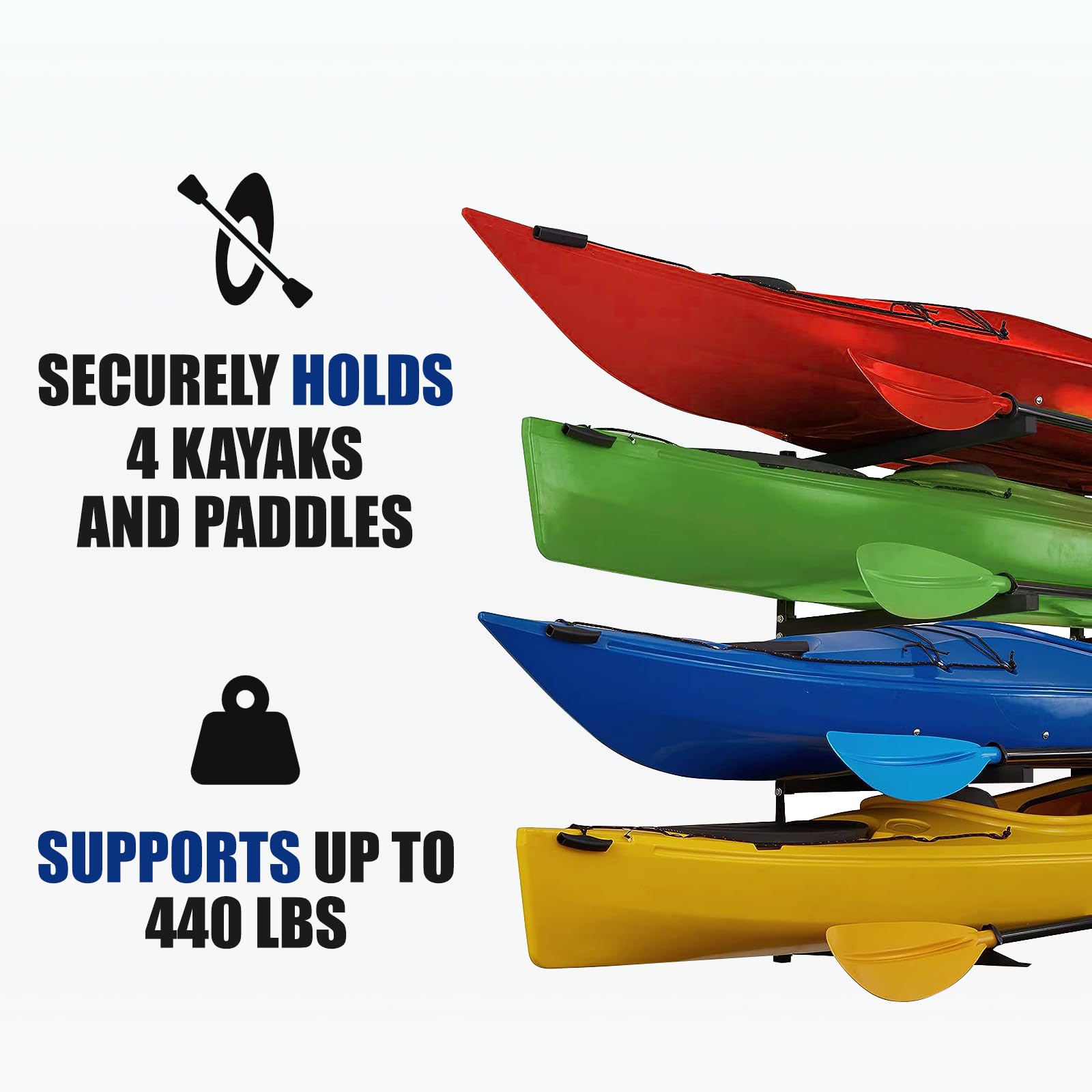 **Heavy Duty Kayak Storage Rack for 4 Kayaks - Wall Mounted Garage & Outdoor Organizer for Kayak, Canoe, Surfboard & Paddleboard - Perfect for Backyard, Shed, or Dock Storage**