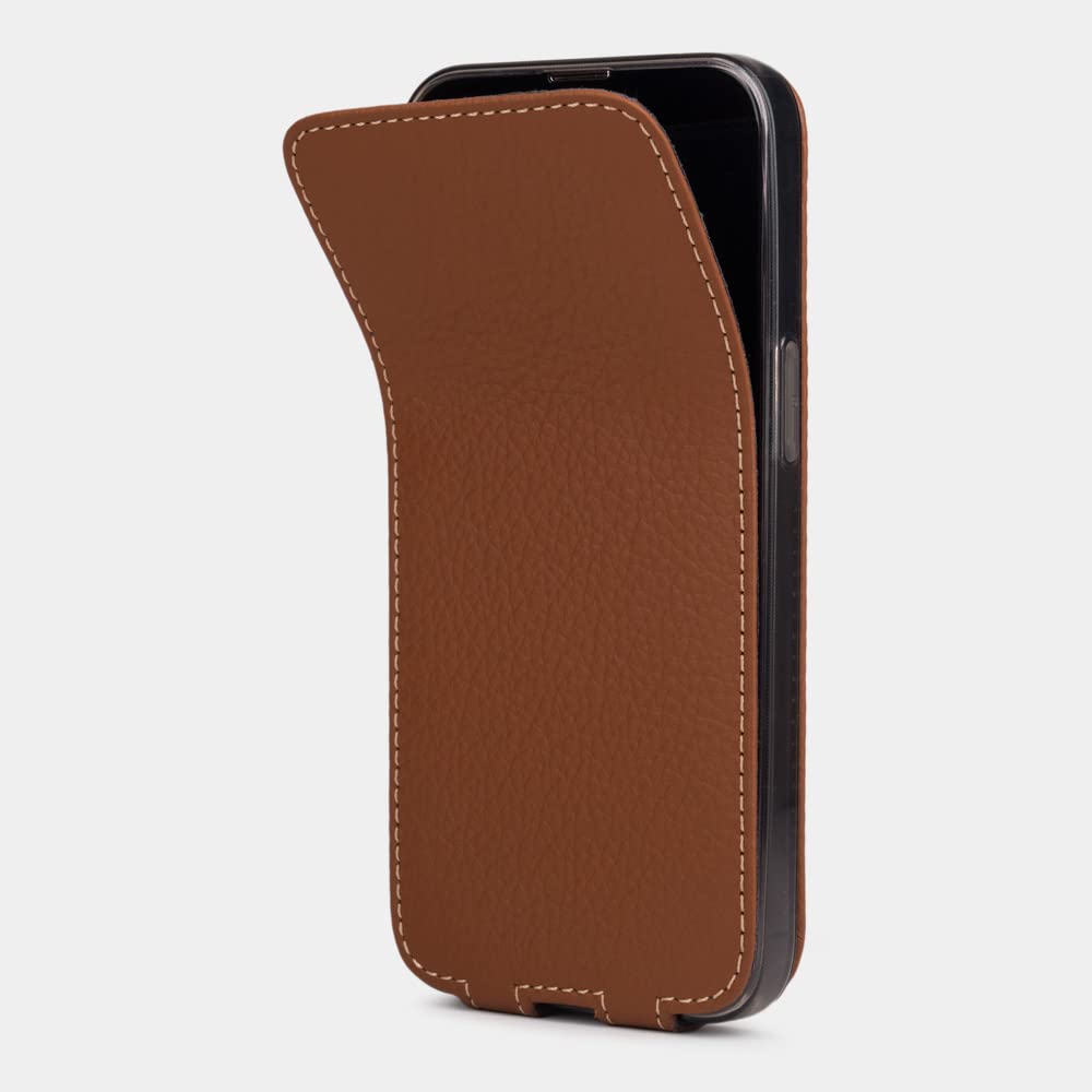 Genuine Leather Flip Case for iPhone 13 Pro Max - Premium French-Made Patented Design - Caramel Brown - Slim Protective Cover for Everyday Use & Business Style