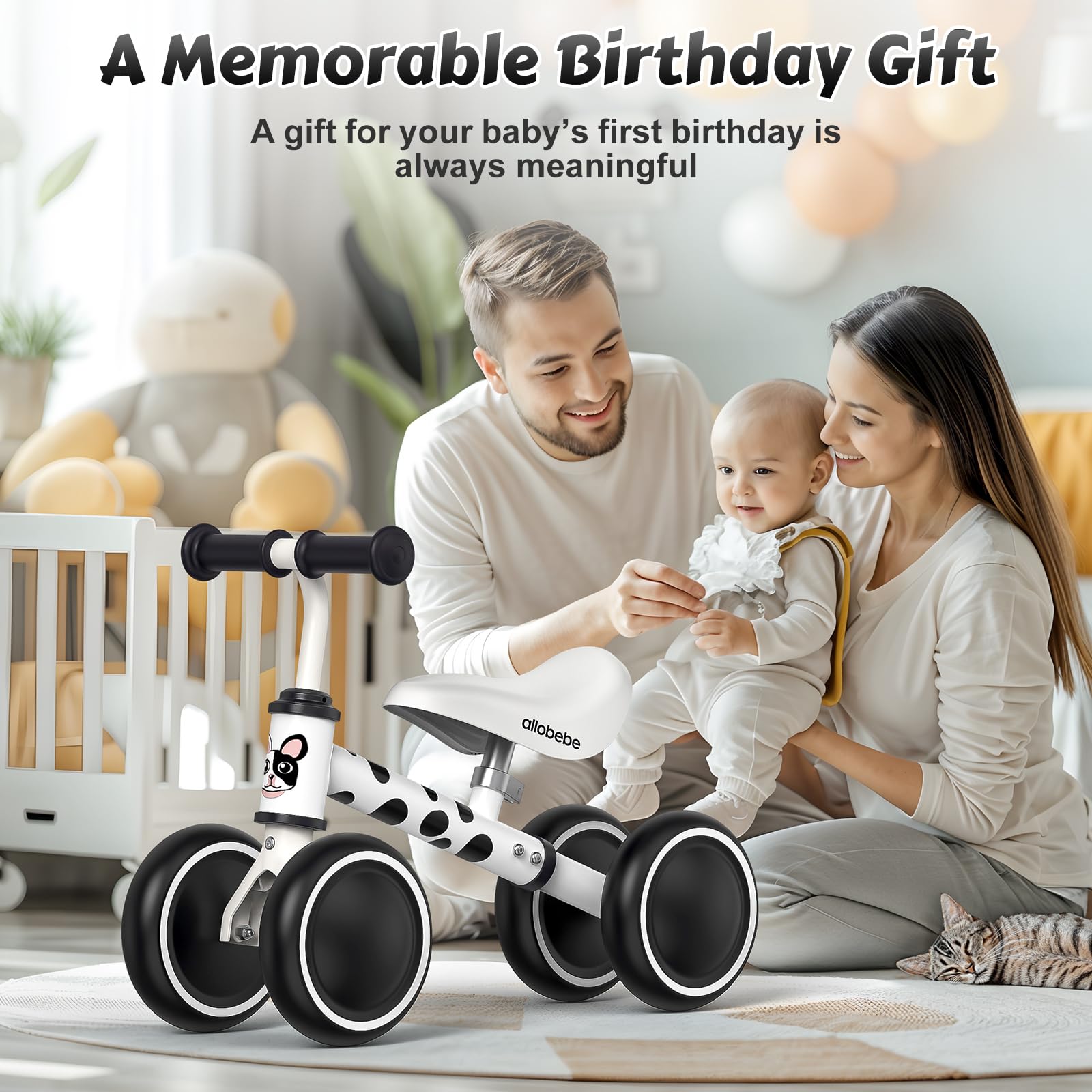 Allobebe Baby Balance Bike for Toddlers 12-36 Months - Adjustable Seat, Silent 3-Wheel Design - Perfect First Bike Gift for 1 Year Old Girls & Boys - Helps Transition from Standing to Running - Ideal for Indoor Play, Backyard Riding & Learning Balance Skills