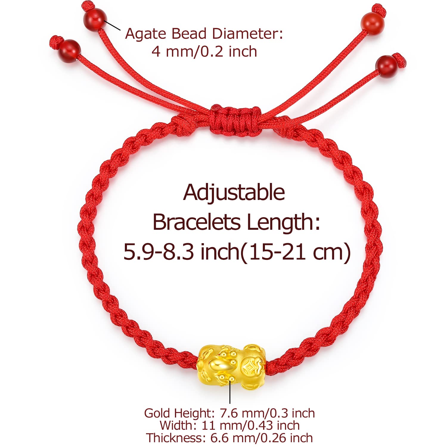 24K Solid Gold Bracelet for Women & Men - Real Pure Gold Jewelry with Pixiu, Dragon & Turtle Charms - Adjustable Red Black Braided Bracelet - Perfect Gift for Girlfriend, Wife & Loved Ones - Ideal for Wealth Attraction, Good Luck & Daily Wear