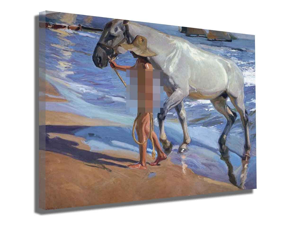 Joaquin Sorolla 'Washing the Horse' Framed Canvas Wall Art - 25x30 Inch Ready to Hang Painting for Living Room, Bedroom & Office Decor - Classic Oil Reproduction on Stretched Canvas with Wooden Frame