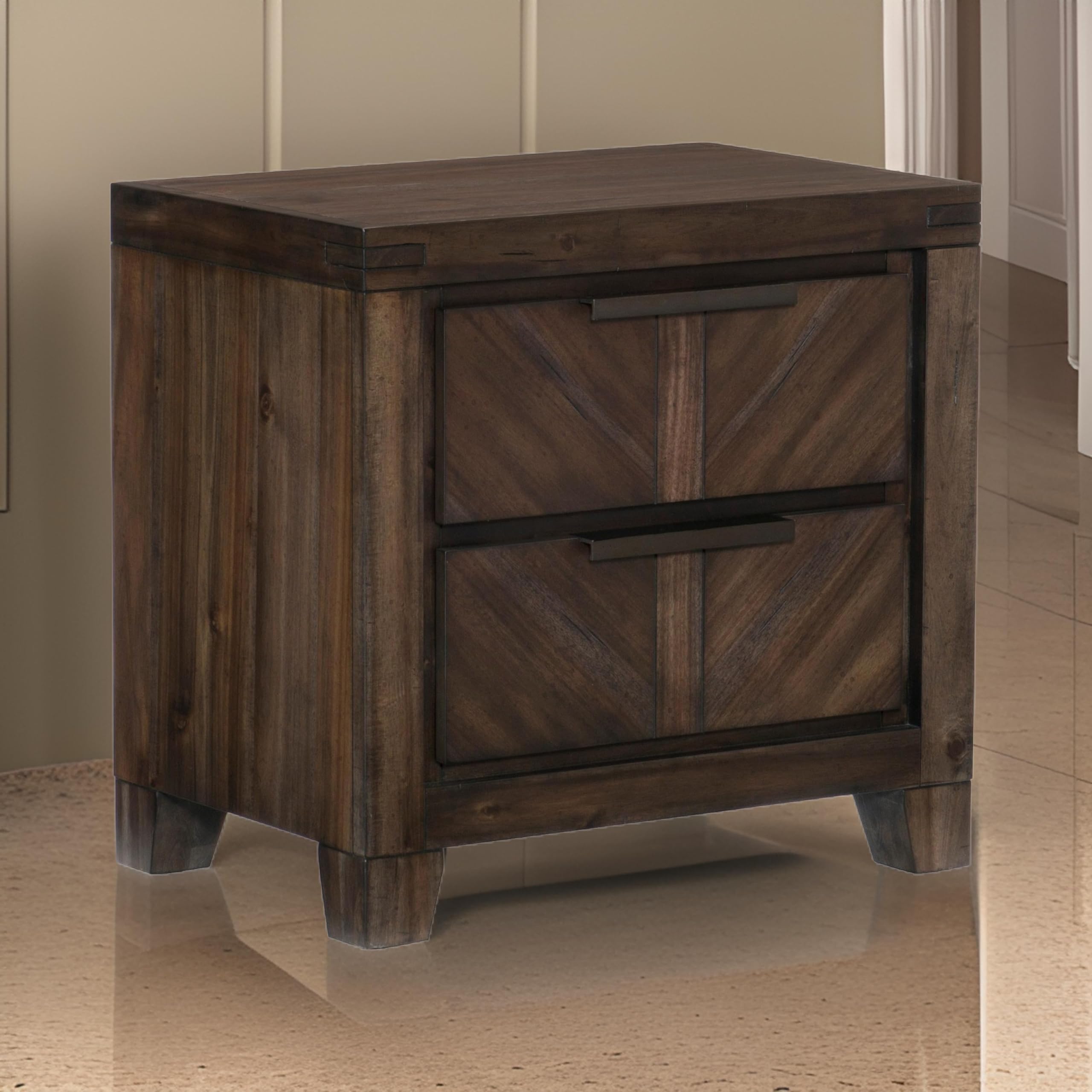 Benjara 2-Drawer Wooden Nightstand with Antique Handles & Chamfered Feet - Brown Finish Bedside Table for Bedroom, Living Room, or Office