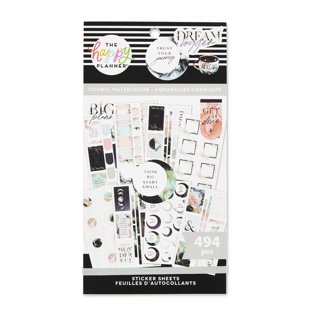 Happy Planner Stickers for Calendars, Journals & Projects - 494 Multi-Color Easy Peel Stickers, 30 Sheets - Cosmic Watercolor Scrapbook Accessories - Perfect for Bullet Journals, DIY Planners & Craft Projects