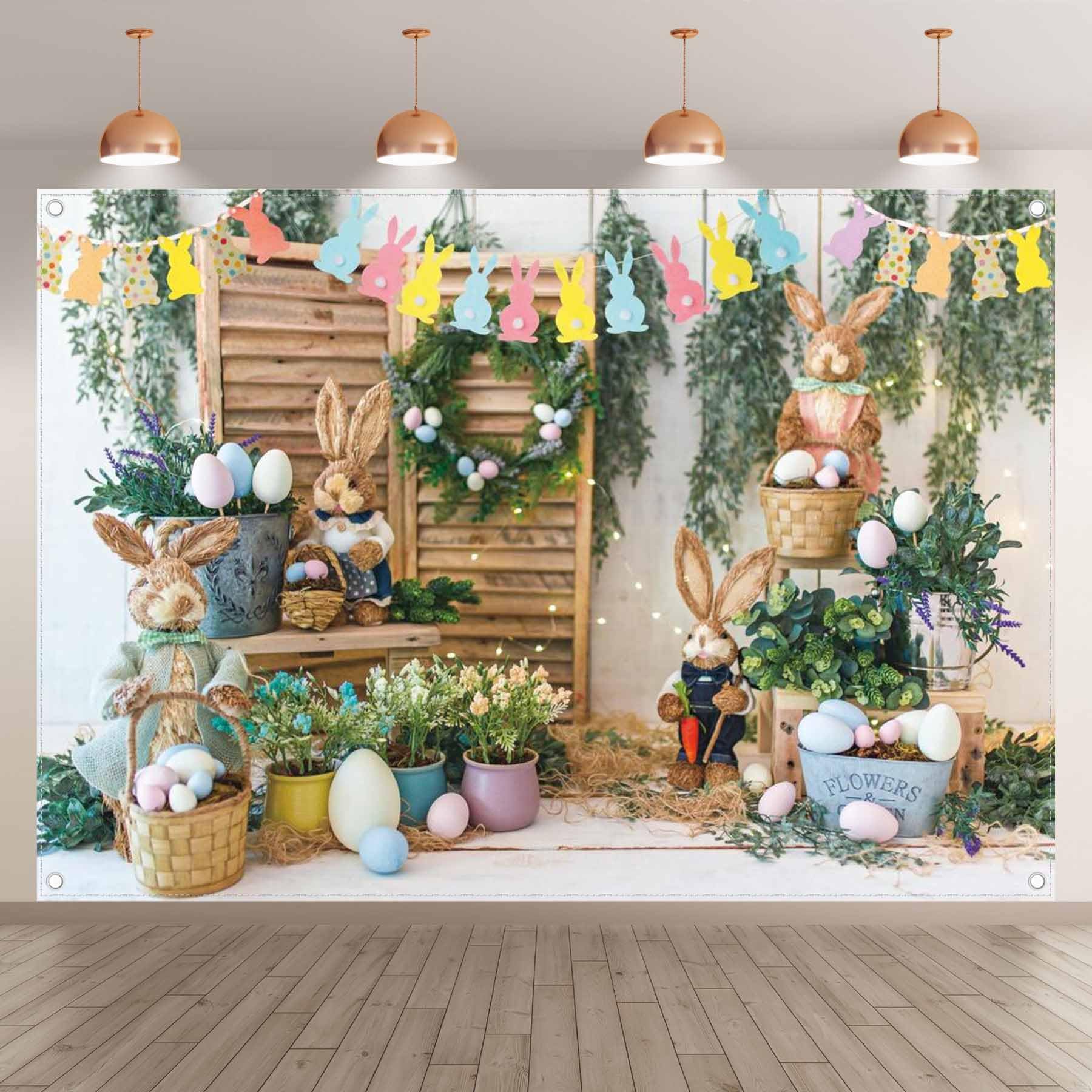 7x5ft Spring Easter Photography Backdrop - Colorful Bunny Garden with Eggs & Flowers - Rabbit Flag Baby Kids Portrait Photo Booth Props for Easter Party, Baby Shower & Spring Celebrations