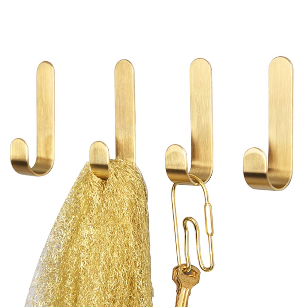 No-Drill Adhesive Brass Towel Hooks - Waterproof Rustproof (4-Pack) for Bathroom Kitchen Garage