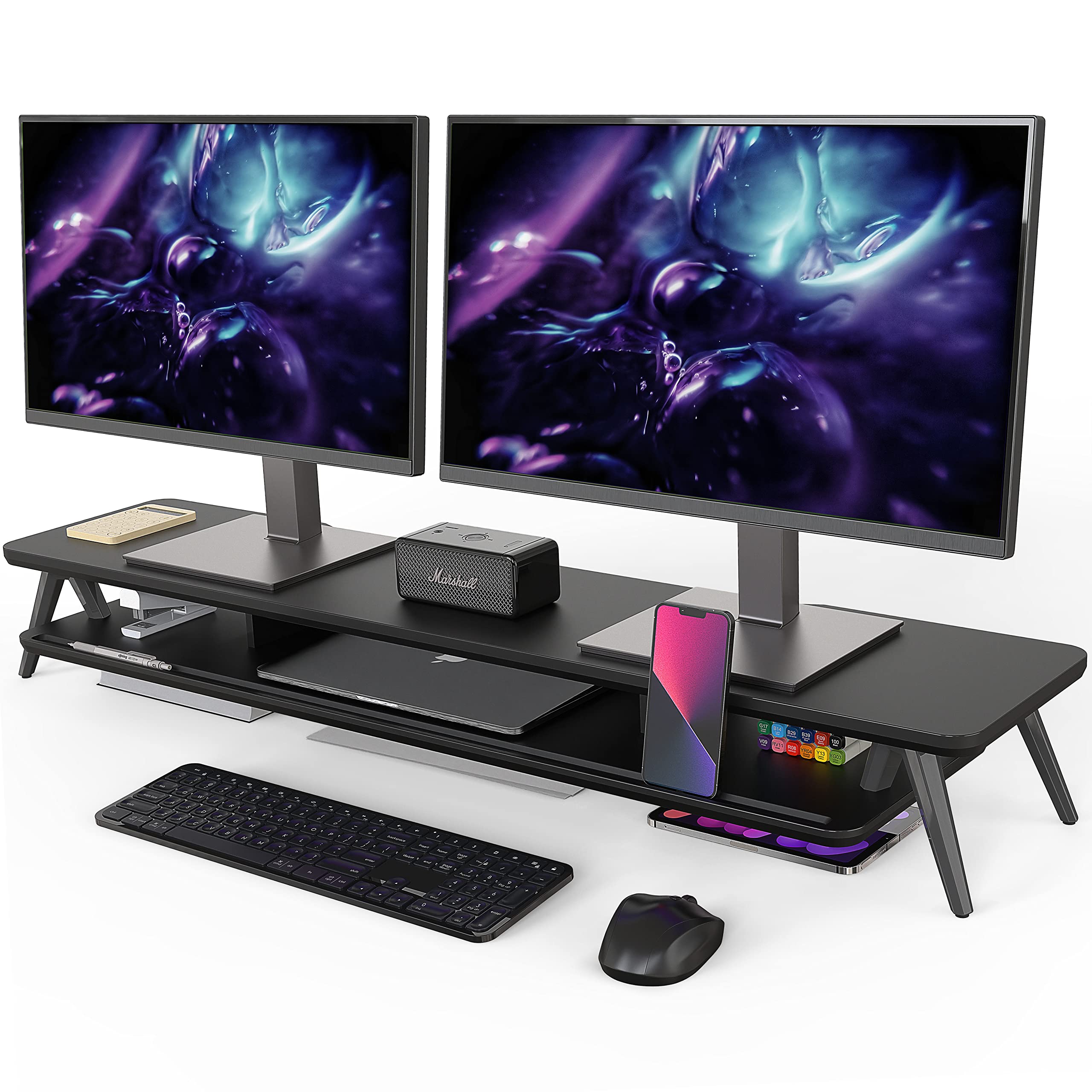 Dual Monitor Stand for 2 Screens - 42.5 Inch Wooden Desk Shelf with Storage Organizer & Cable Management - Perfect for Home Office Setup, Gaming Station, and Workspace Organization
