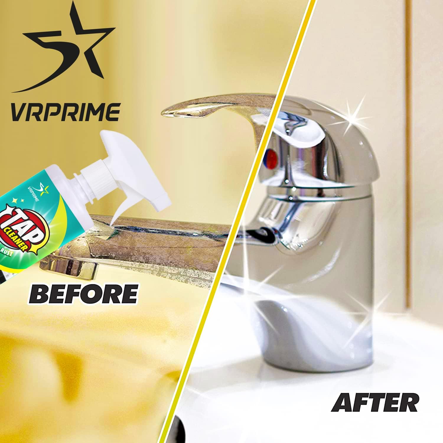 VRPRIME Tap Cleaner - Powerful Limescale & Hard Water Stain Remover for Bathroom Taps, Showers, Sinks & Tiles | All-Purpose Bathroom Cleaning Liquid for Stain Removal | Perfect for Kitchen, Bathroom & Glass Surfaces (500ml)