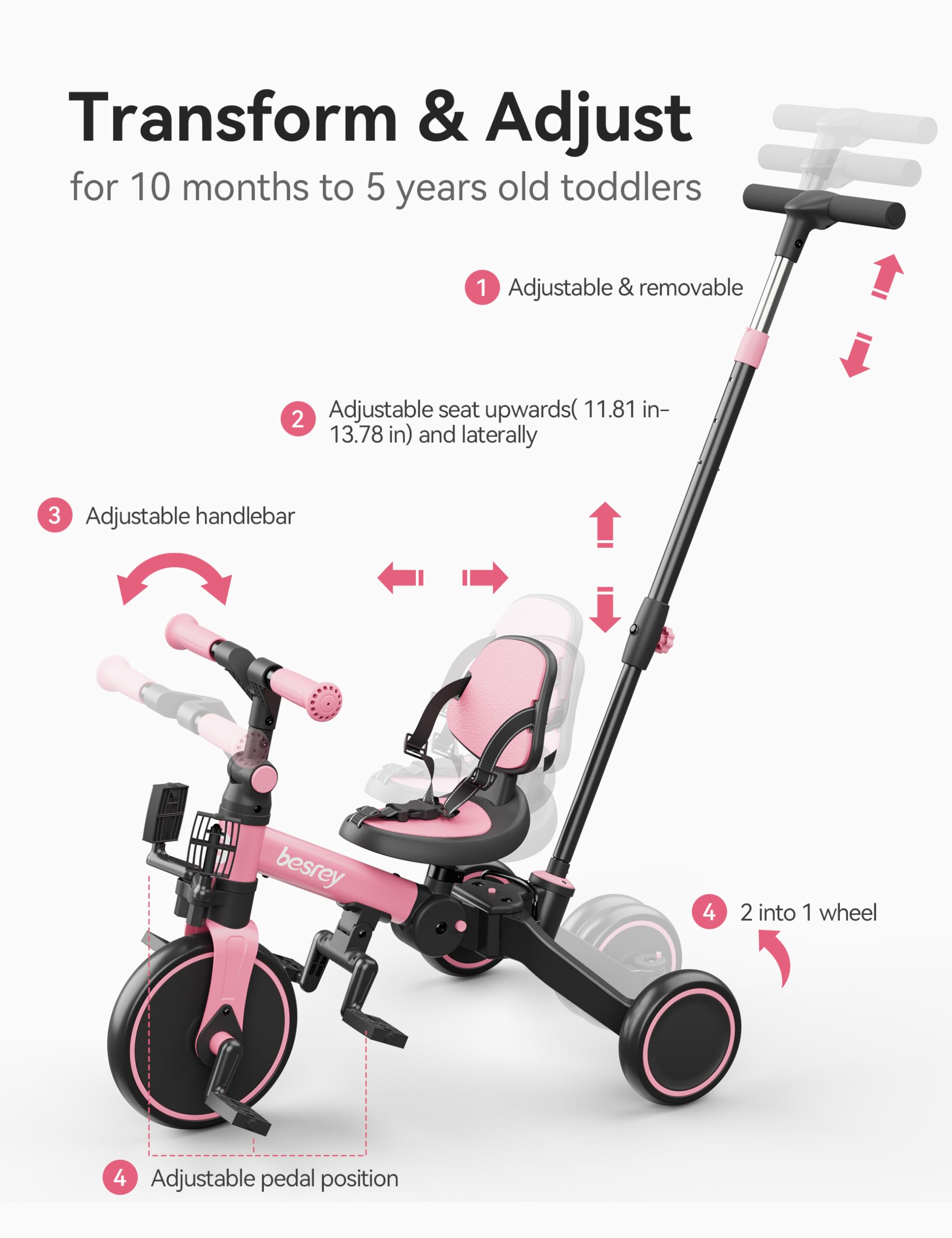 Besrey 5-in-1 Toddler Bike & Tricycle for 1-3 Year Olds - Adjustable Push Handle, Safety Belt & Backrest - Perfect Balance Bike & Birthday Gift for Boys & Girls - Ideal for Outdoor Play, Learning to Ride & Backyard Fun