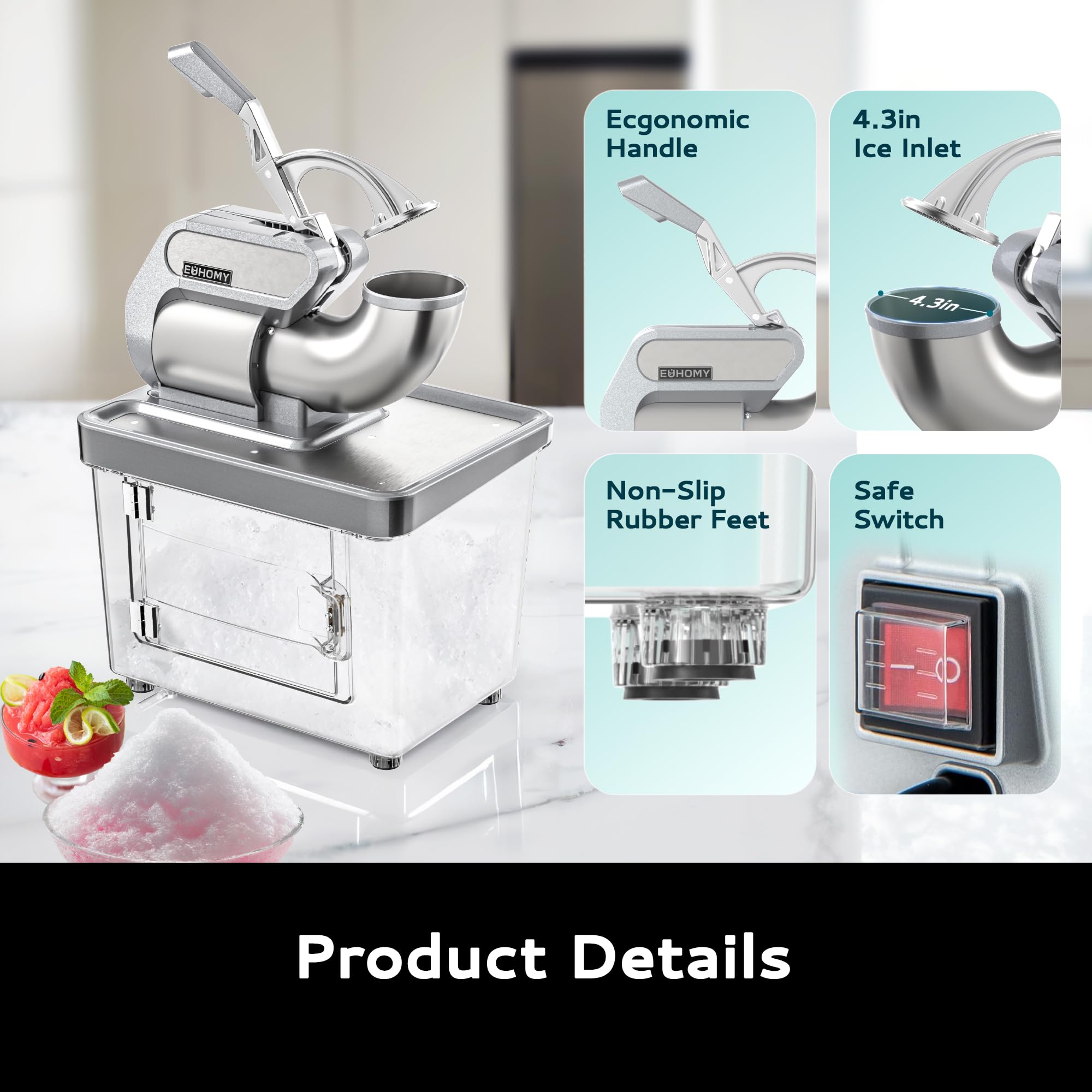 EUHOMY 300W Commercial Ice Crusher - 661Lbs/Hour High Capacity, ETL Certified Dual Blade Snow Cone Maker, Easy Clean Electric Shaved Ice Machine with Safety Switch - Perfect for Restaurants, Bars, Parties & Home Use (Silver)
