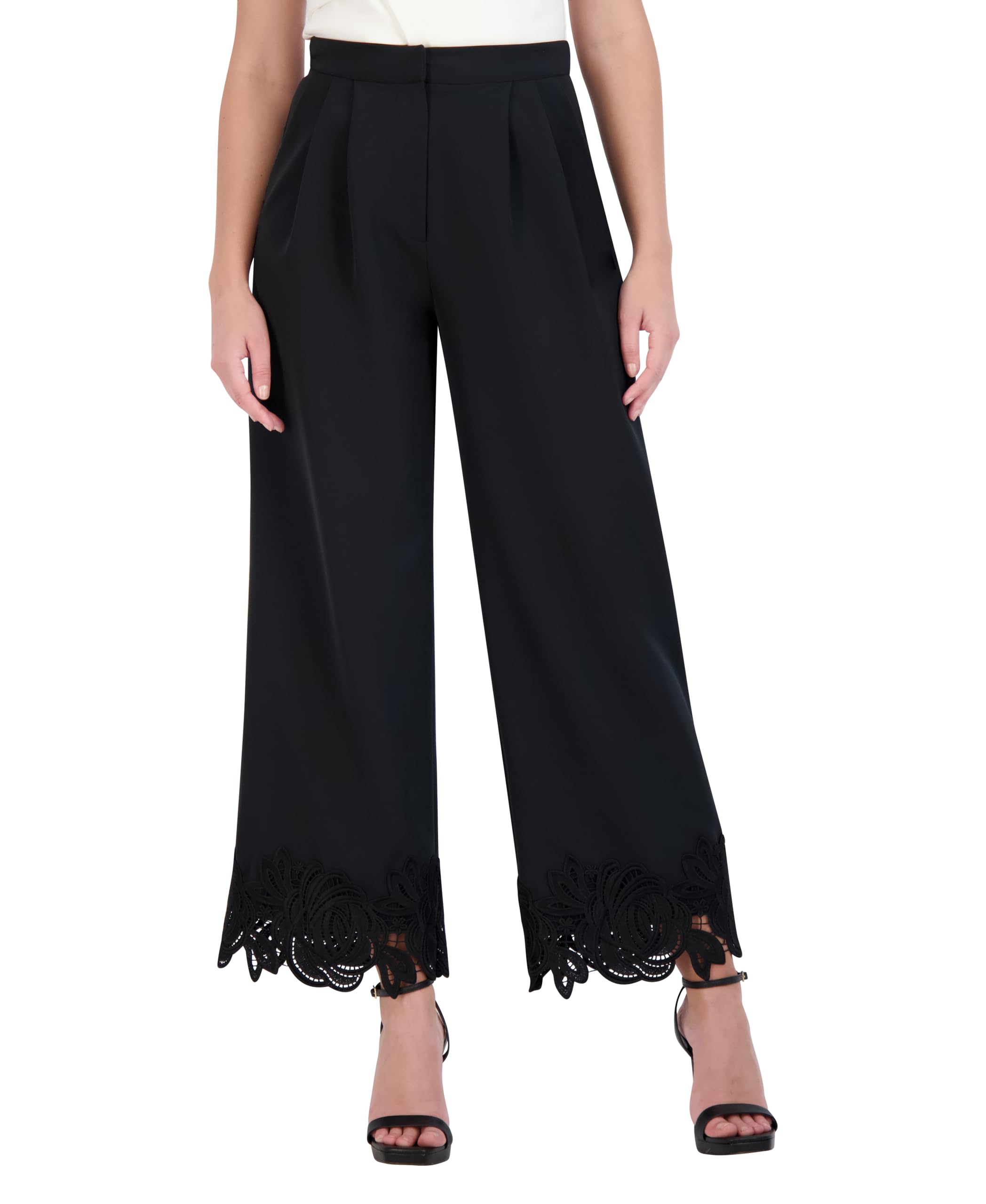 BCBGMAXAZRIA Women's Floral Applique Wide Leg Pants - Stylish & Comfortable High Waist Palazzo Trousers for Casual Wear, Office & Summer Outfits