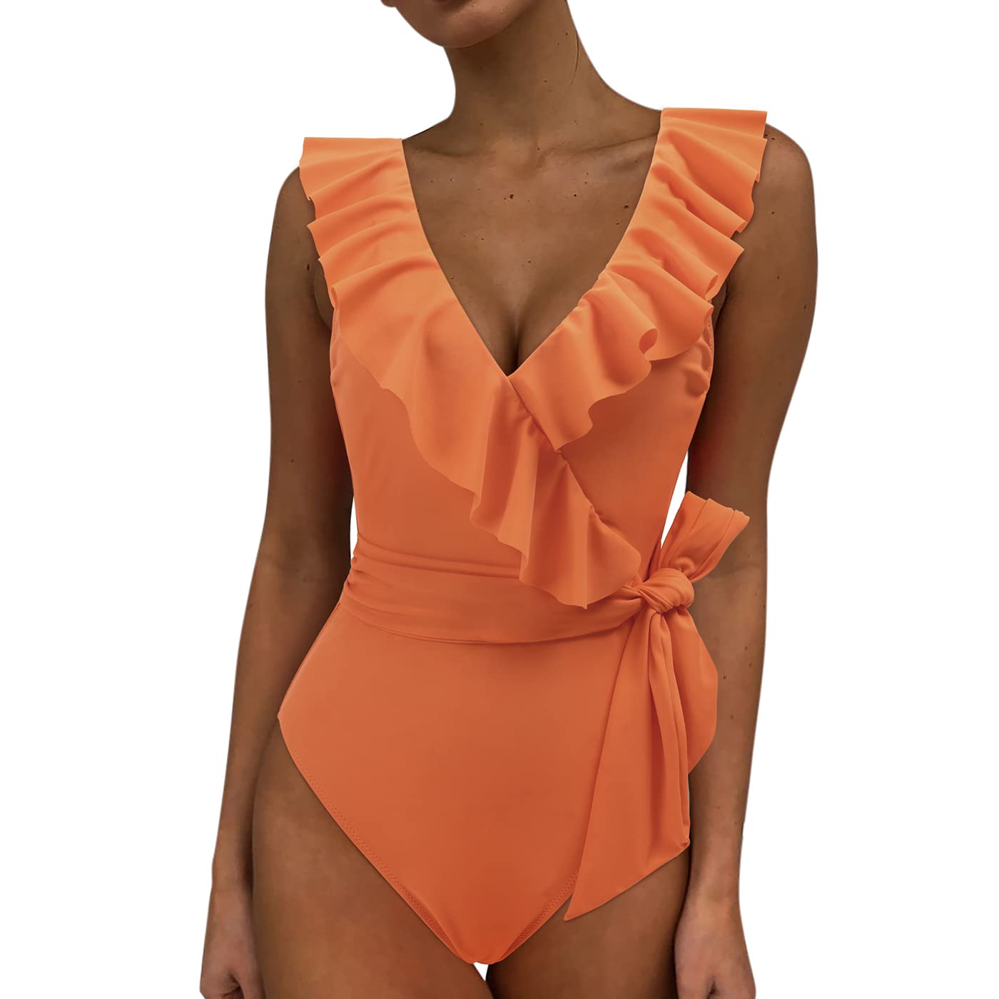 DOULAFASS Women's One Piece Swimsuit - V Neck Ruffle Design Tummy Control Monokini Bathing Suit for Beach, Pool & Vacation | Plus Size Swimwear for Women