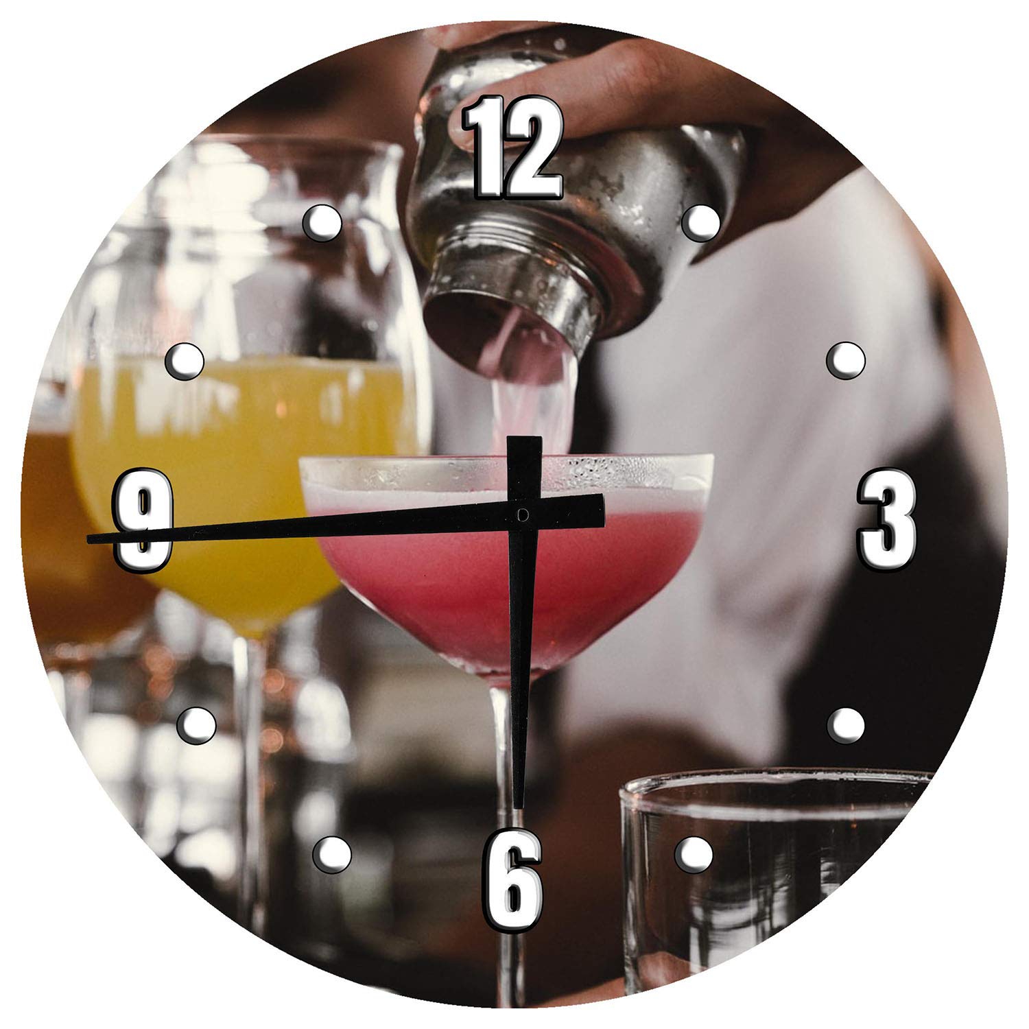 Stainless Steel Cocktail Shaker Set with 18 Inch Wood Wall Clock - Perfect for Home Bar Decor and Mixing Drinks