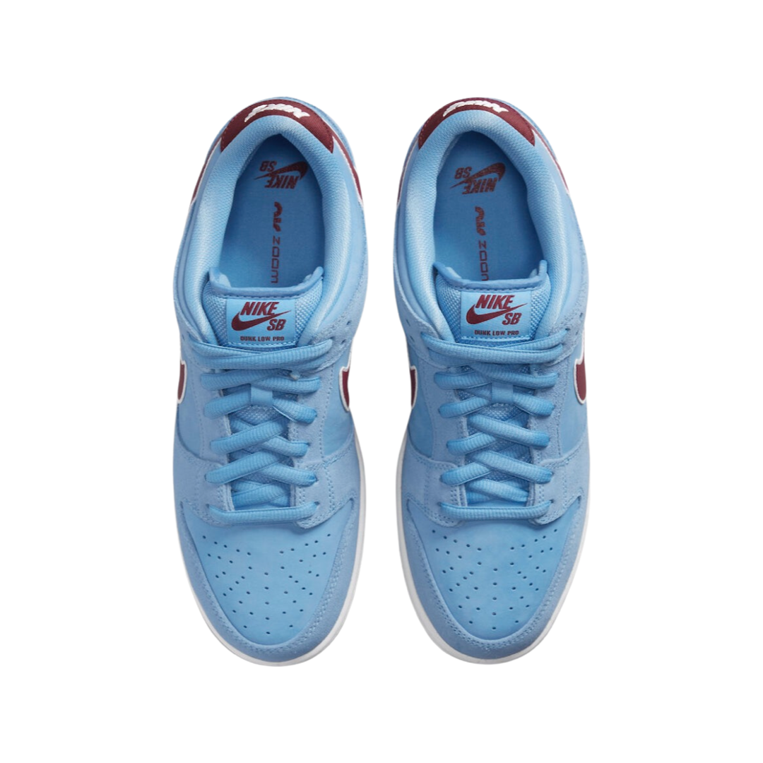 Nike SB Dunk Low Sneakers - Valor Blue, Team Maroon & White Gum Sole | Men's Skateboarding Shoes for Casual Wear & Street Style