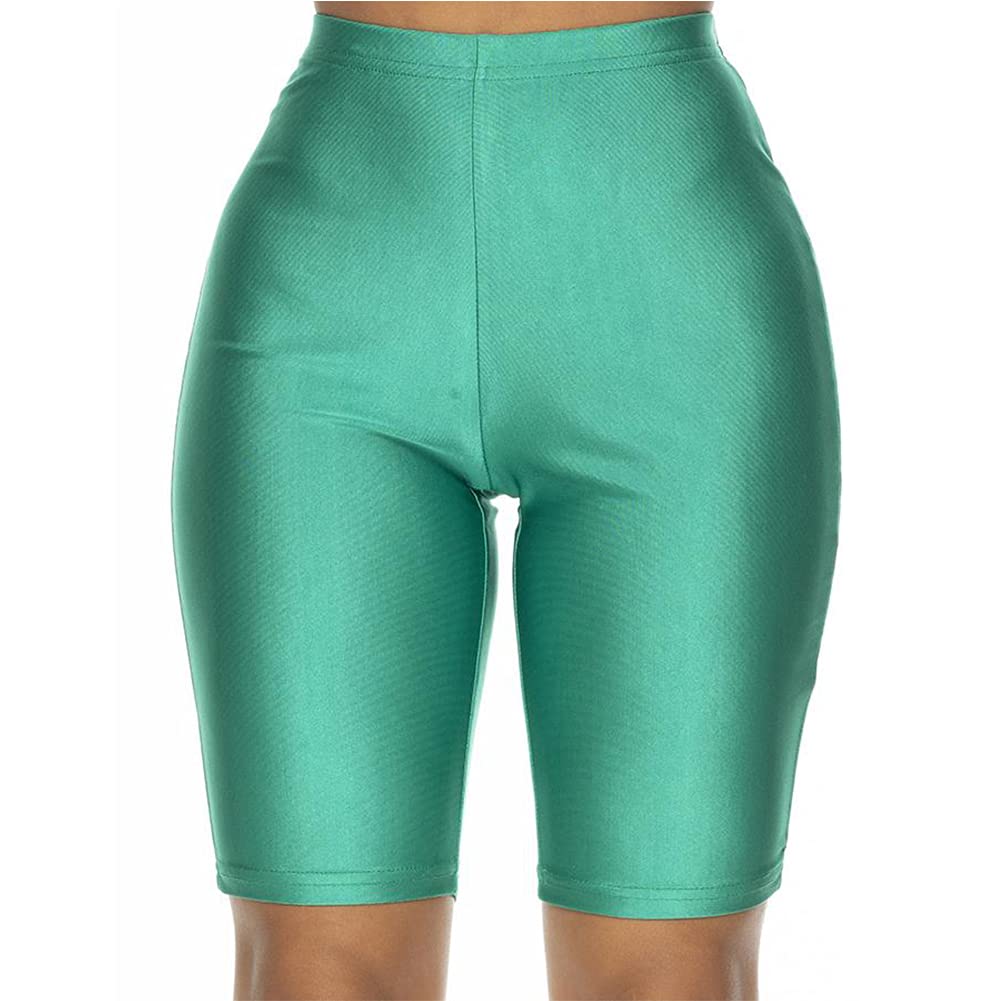 **SUNFEXOY Women's Shiny Neon Biker Shorts - High Waisted Yoga Running Workout Shorts, Knee Length for Gym, Fitness & Casual Wear**