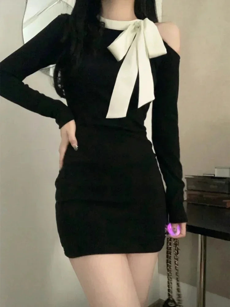 Black Off Shoulder Bodycon Mini Dress for Women - Sexy Wrap Slim Short Party Dress | Korean Fashion Kpop Bow Design | Perfect for Evening Parties, Clubbing & Date Nights
