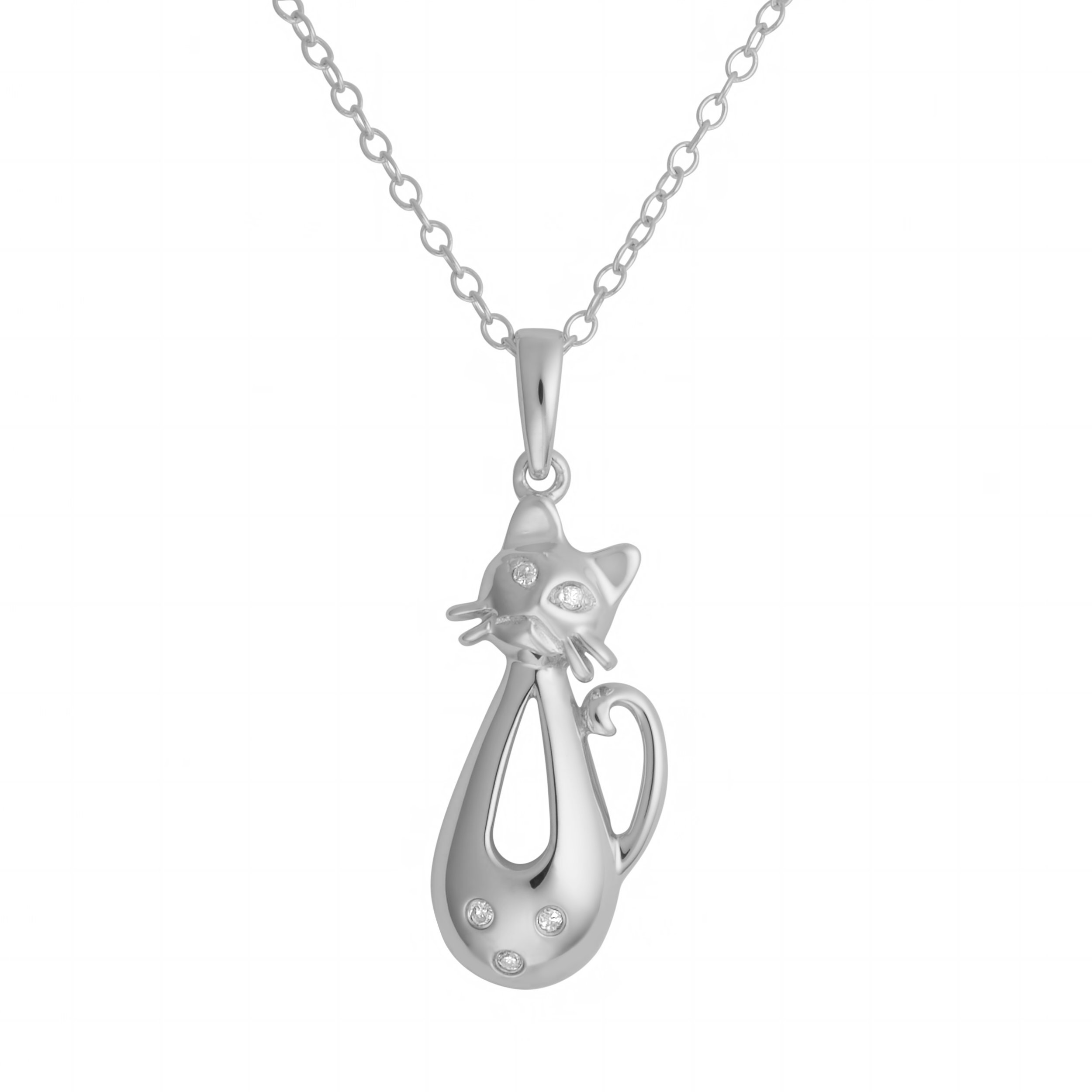 Kooljewelry Sterling Silver Diamond-Accent Cat Pendant Necklace - 18 Inch Chain for Women, Elegant Jewelry Gift for Cat Lovers, Perfect for Valentine's Day, Birthday & Anniversary