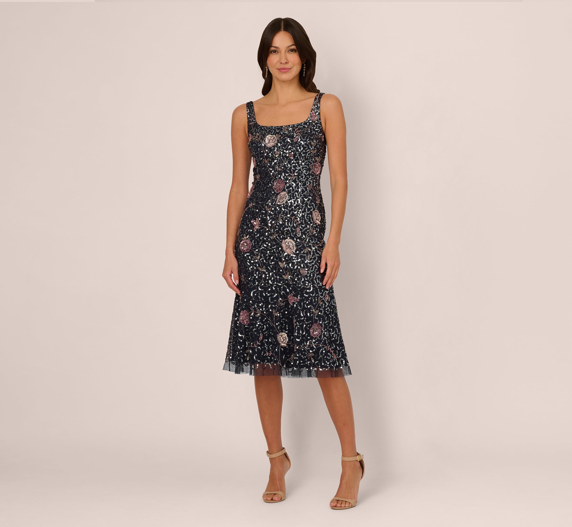 Sequin Floral Beaded Midi Dress - Navy & Pink Sleeveless Party Dress for Women | Cocktail Dresses, Evening Gowns, Wedding Guest Outfits