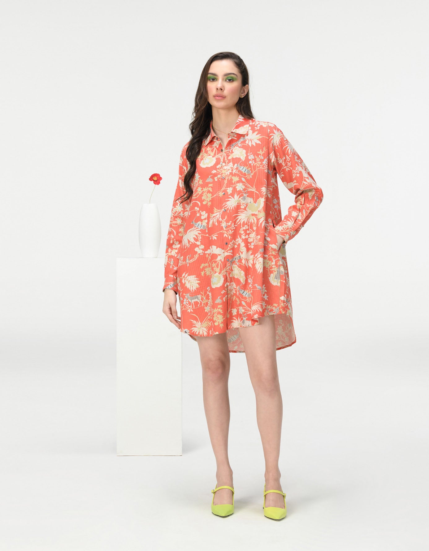 Oversized Cotton Silk Check Coral Shirt for Women - Casual Loose Fit Blouse for Summer, Beach, and Office Wear