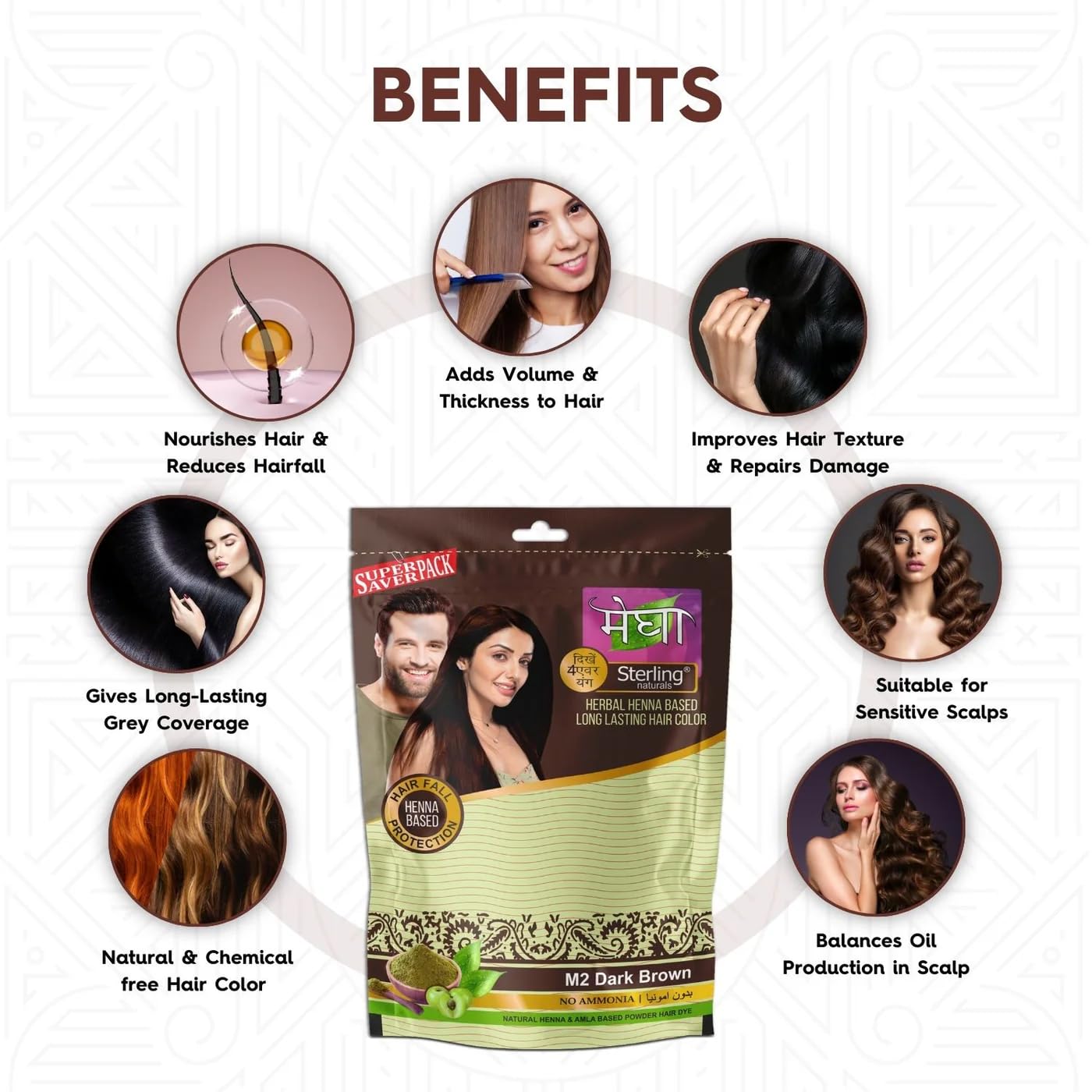 Sterling Naturals Organic Henna Hair Dye for Women - Chemical-Free, Ammonia-Free, 100% Natural Dark Brown Hair Color - Pack of 3 (45g Each) - Perfect for Gray Coverage, Hair Conditioning & Natural Coloring at Home
