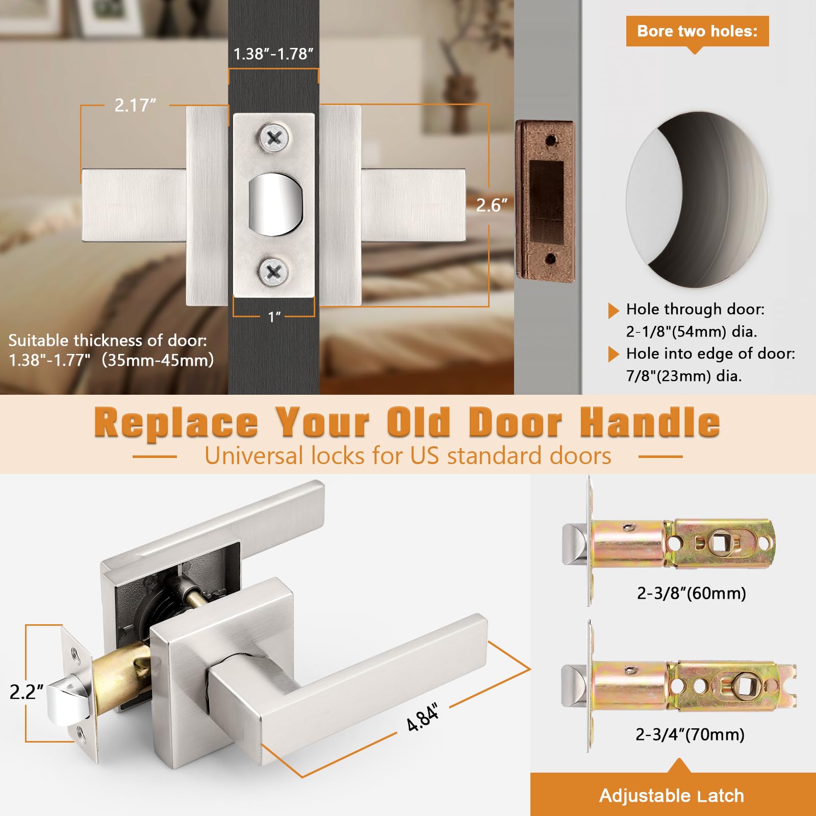 Probrico 10-Pack Brushed Nickel Passage Door Levers with Lock - Heavy Duty Square Interior Door Handles for Left & Right Handed Doors (Keyless) - Perfect for Closet, Hallway, Bedroom & Office Doors