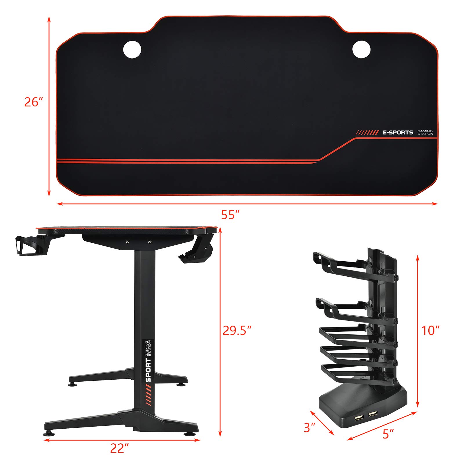 POWERSTONE 55 Inch Gaming Desk - Ergonomic Racing Style Computer Desk with Large Mouse Pad, USB Ports, Cup Holder & Headphone Hook - Perfect for PC Gaming Setup, Streaming & Home Office Workstation