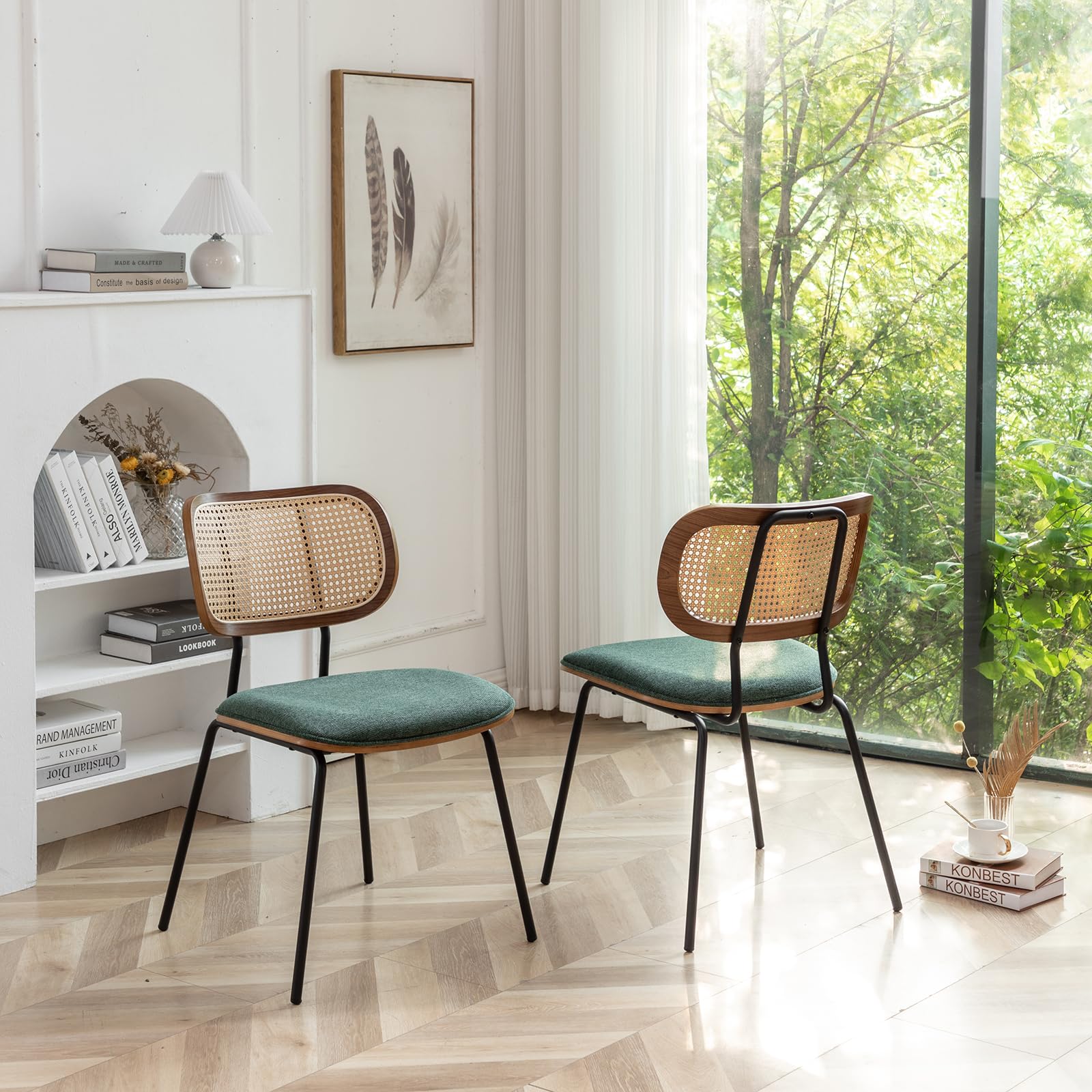 Mid Century Modern Rattan Dining Chairs Set of 2 - Cane Back Kitchen & Dining Room Chairs with Black Metal Legs in Green | Perfect for Boho Home Decor, Farmhouse Dining, and Indoor/Outdoor Entertaining