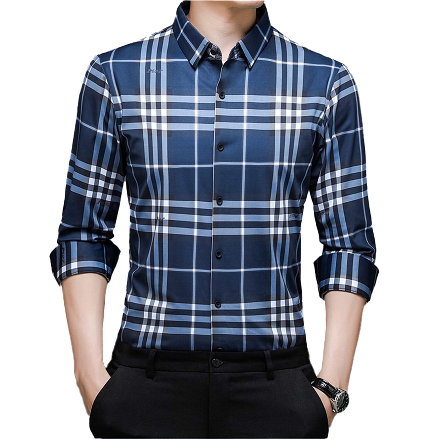 Premium Men's Silk Long-Sleeve Shirt - Classic Lattice Pattern, Regular Fit Business Casual Button Down Shirt for Office, Wedding & Formal Occasions