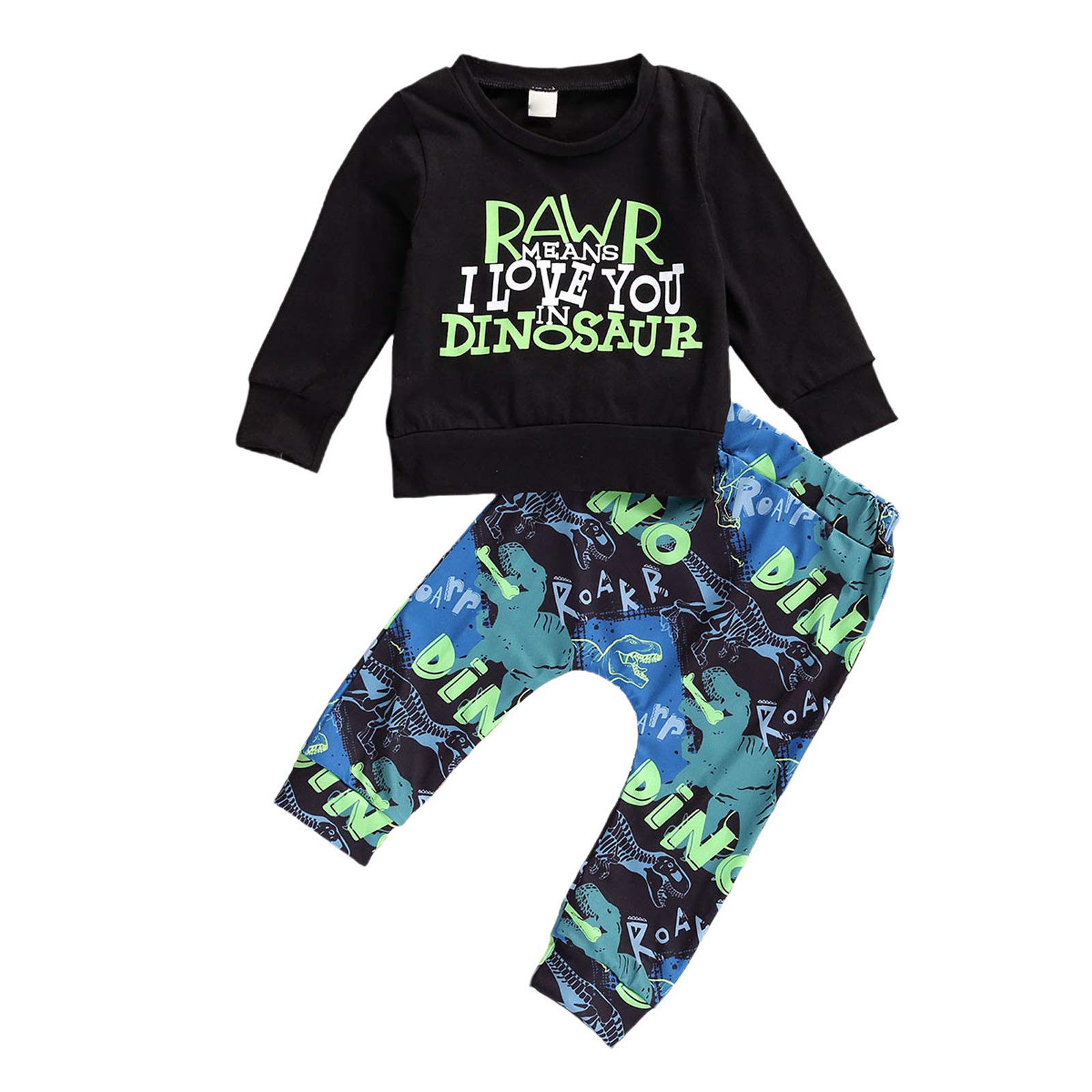**Black Dinosaur & Letters Print Baby Clothes Set - Long Sleeve Round Neck Top + Pants for Fall & Winter - Cozy Outfit for Playdates & Family Photos**